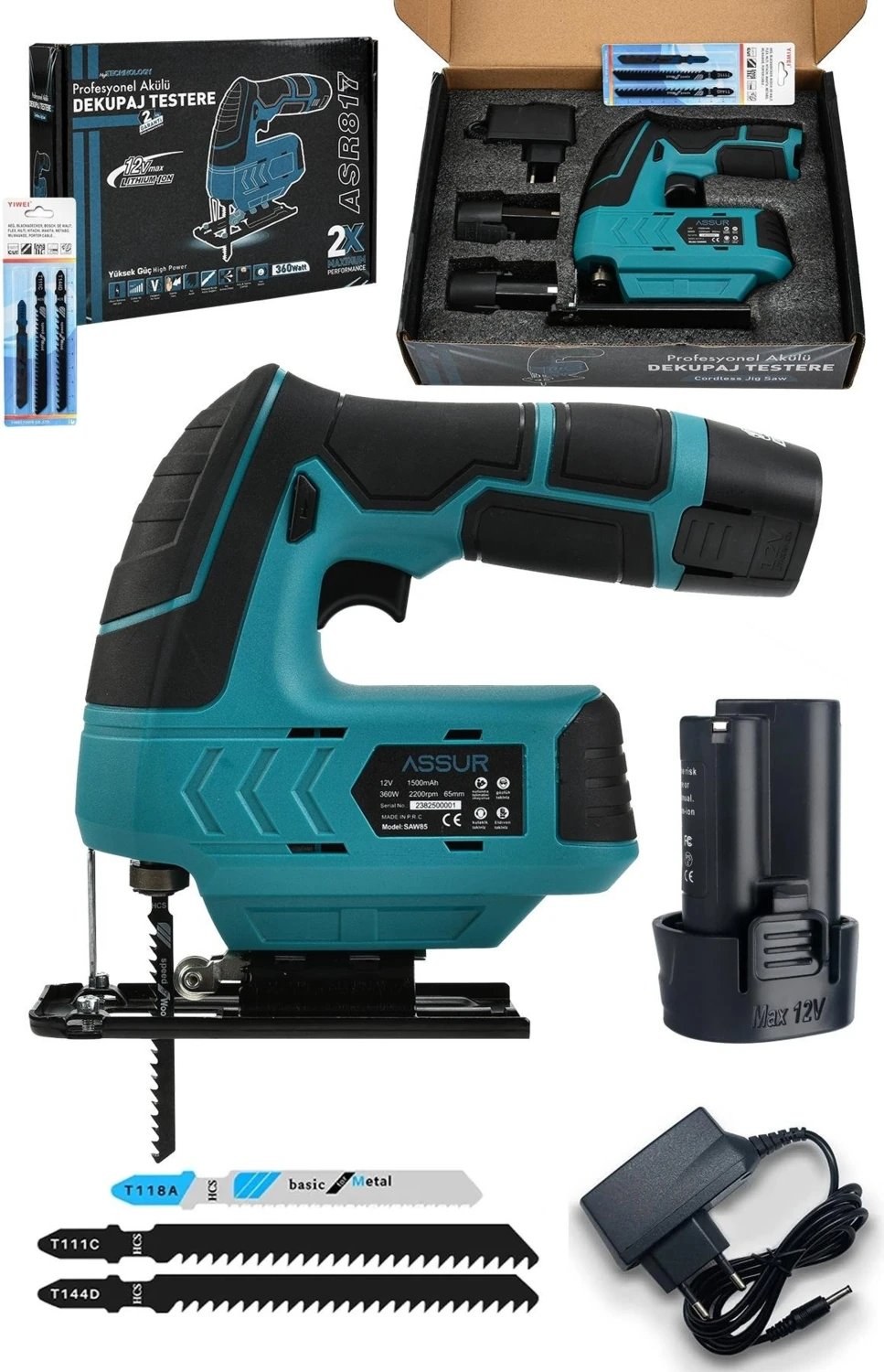 Assur Profesyonel 12 V Çift Akülü Şarjlı Dekupaj Testere Makinesi