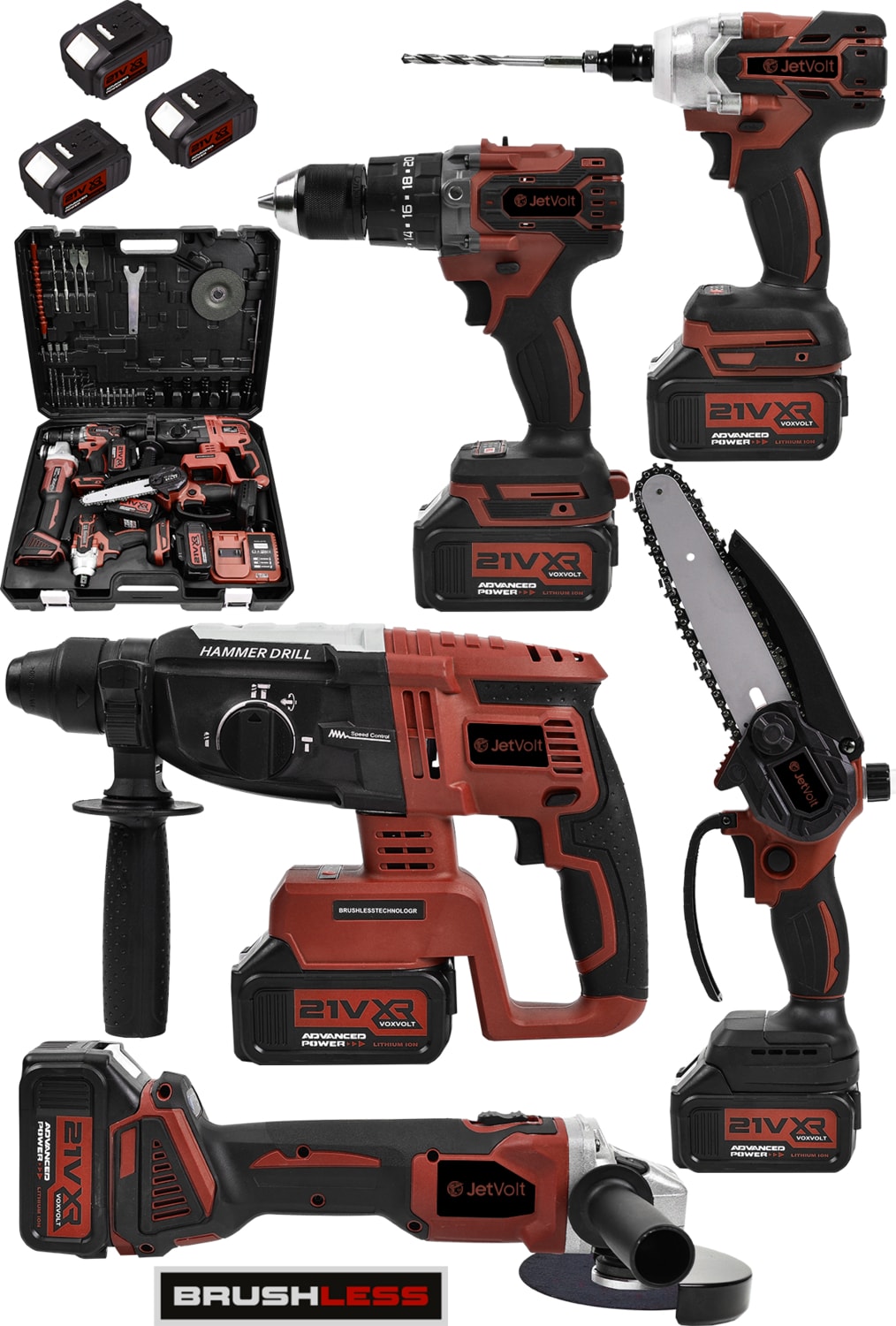21V 2.0AH Kömürsüz Darbeli 5'li Set Şarjlı Hilti + Taşlama + Somun Sıkma + Akülü Vidalama + Budama Testeri - Kırmızı