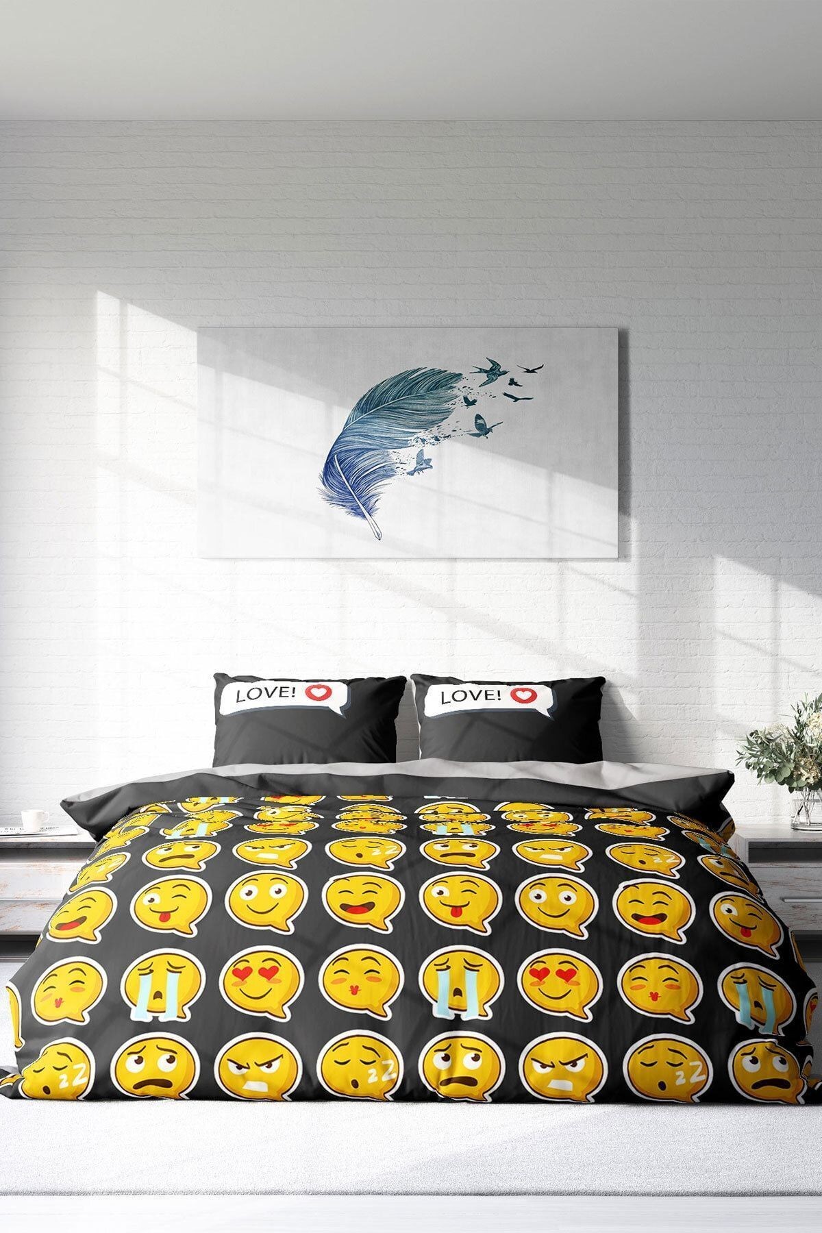 I Love Emoji 3d Pamuk Saten Çift Kişilik Nevresim Takımı