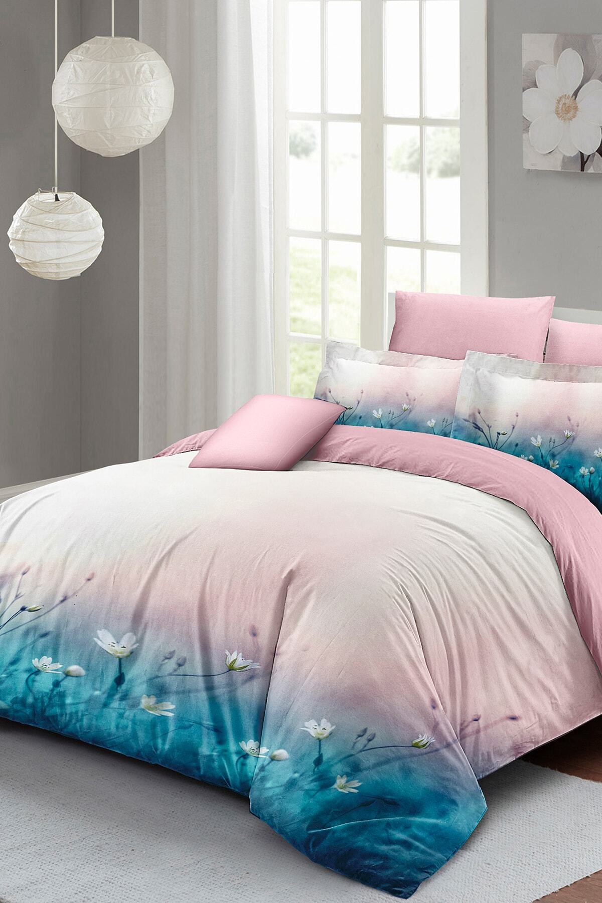 Kıng Sıze Soft Blue Luxury Çift Kişilik Pamuk Saten Nevresim Takımı 220x240cm