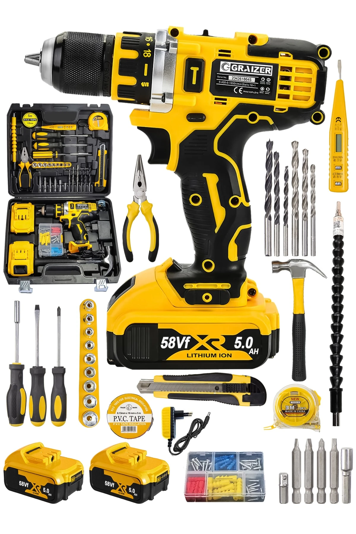 Alman Technology 56 V 5 Ah Darbeli Çift Akülü Şarjlı Vidalama Matkap 32 Parça Hobi Set