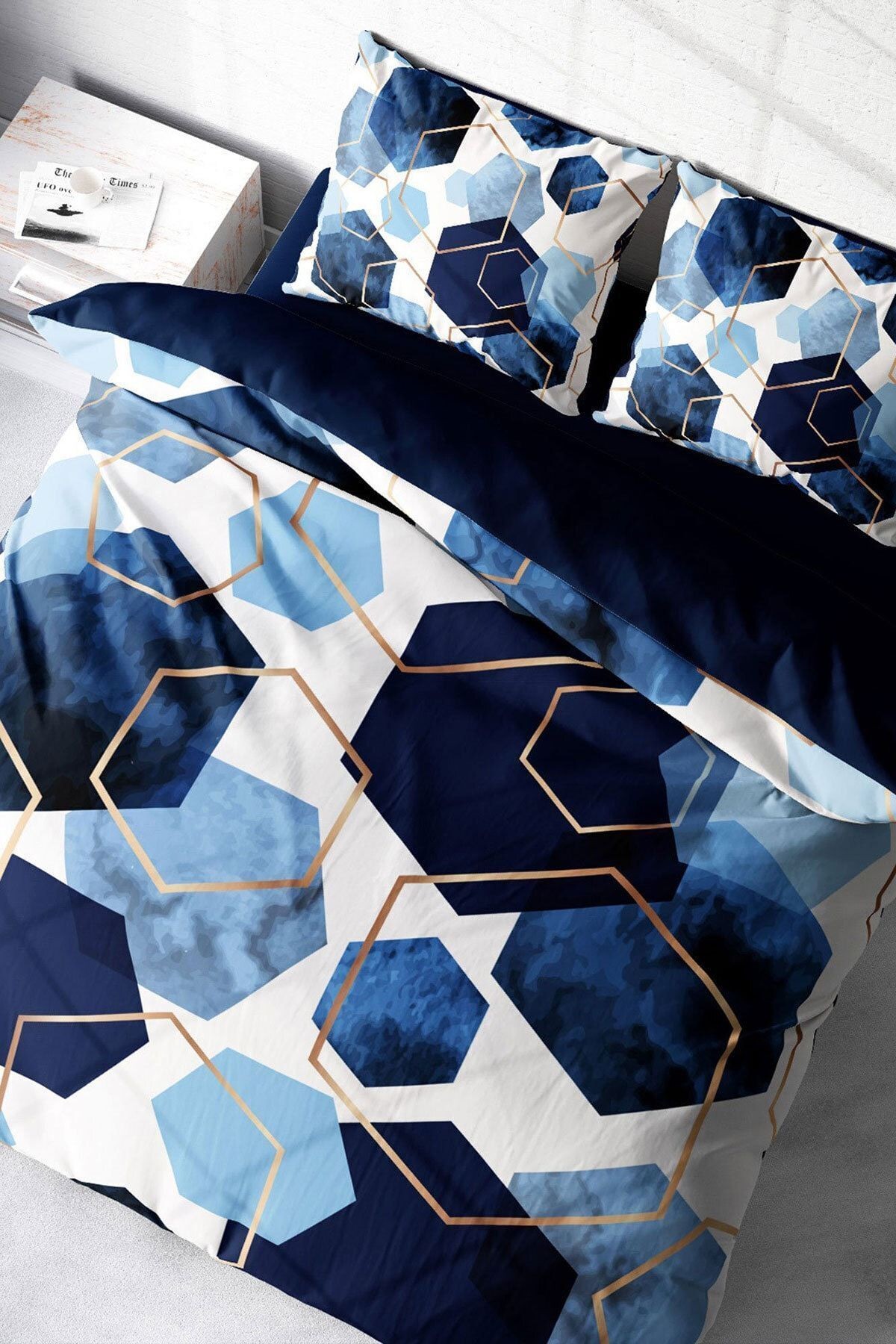 Blue Hexagon 3D Pamuk Saten Çift Kişilik Nevresim Takımı