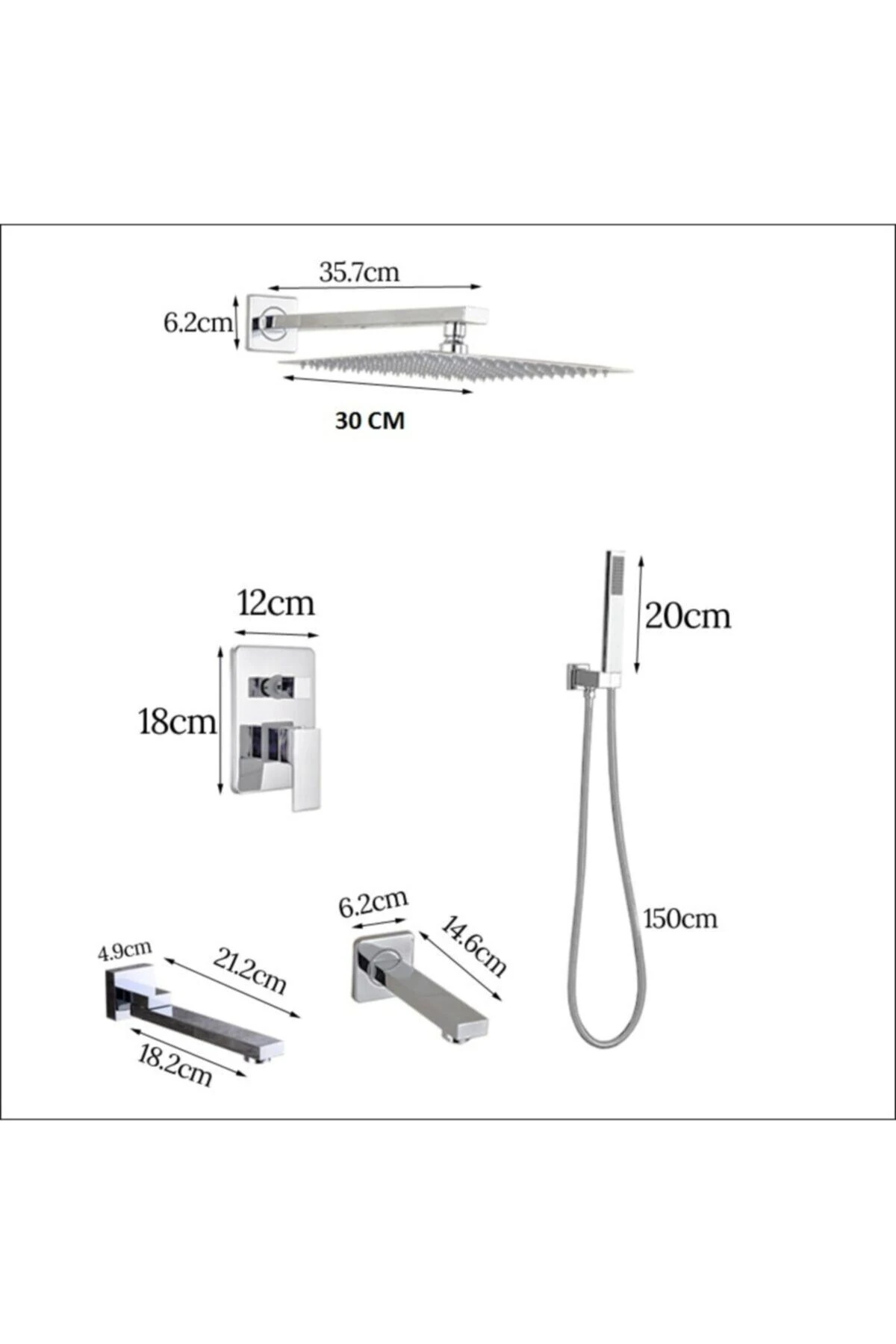 Banyo Bataryası Duş Seti Ankastre Krom 30x30 Tepe Duş 7 Yıl Garantili Sıva Altı Dahil