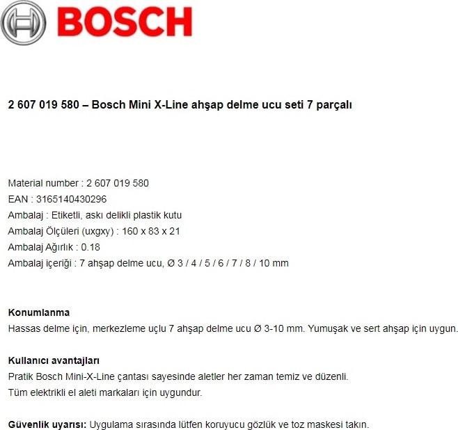 BOSCH 2 607 019 580 Mini X-Line Ahşap Delme Ucu Seti 7 Parçalı