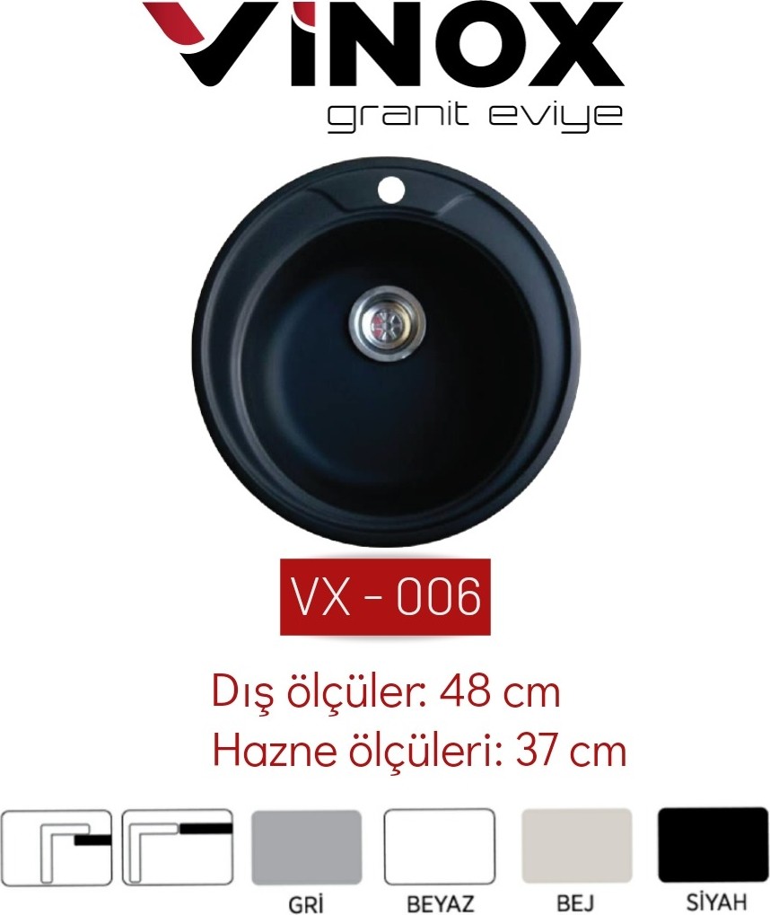 Siyah Yuvarlak Granit Eviye 48 cm VX006