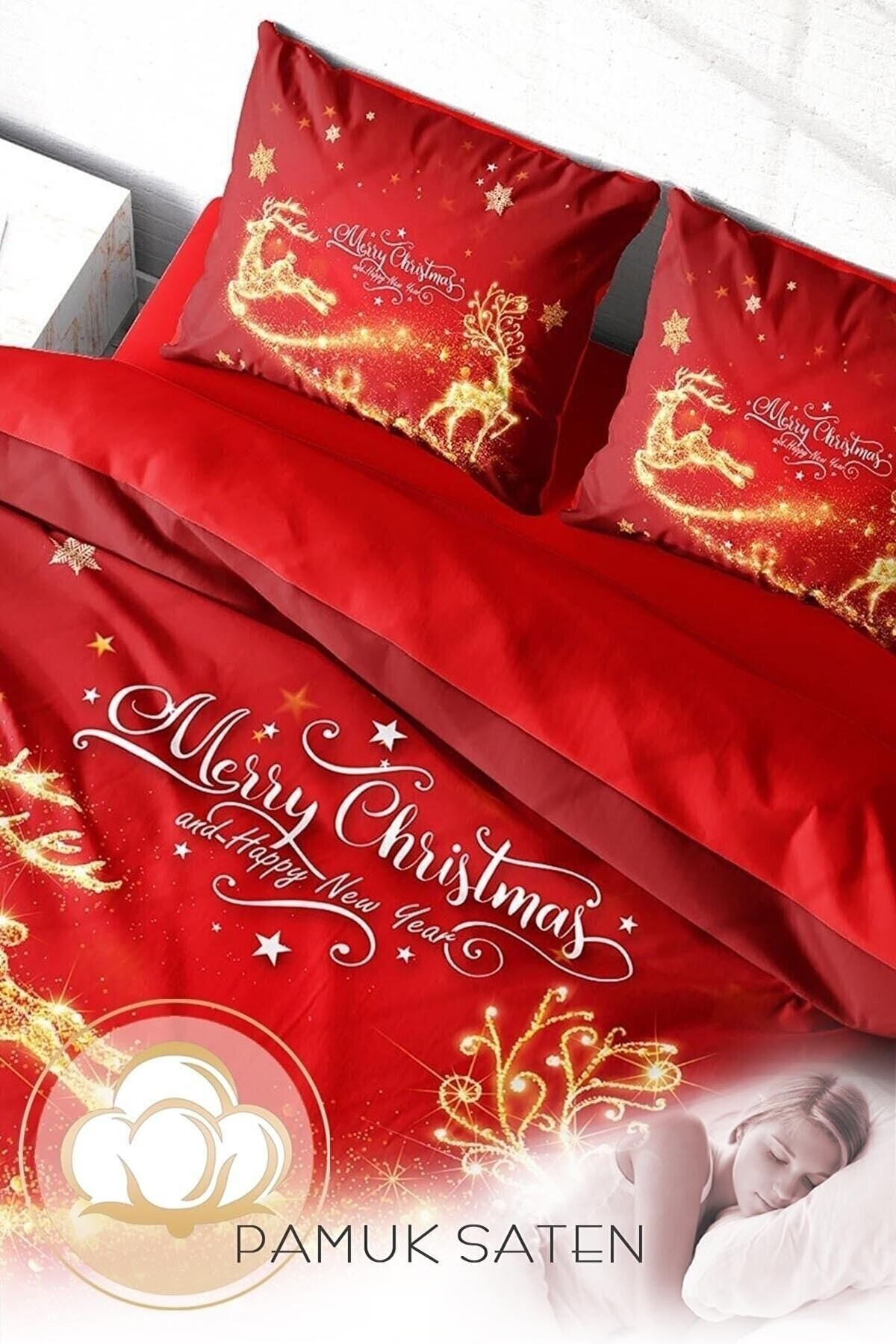 Yılbaşı Nevresim Takımı (Lastikli Çarşaflı) Çift Kişilik %100 Pamuk Saten Deers Noel