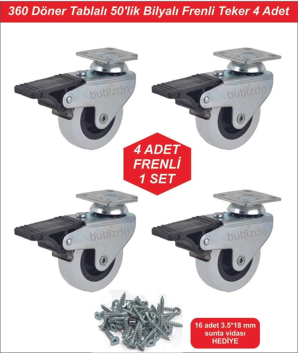 4 Adet Frenli Döner Tablalı 50'lik Bilyalı Masa Dolap Sehpa Mobilya Tekeri