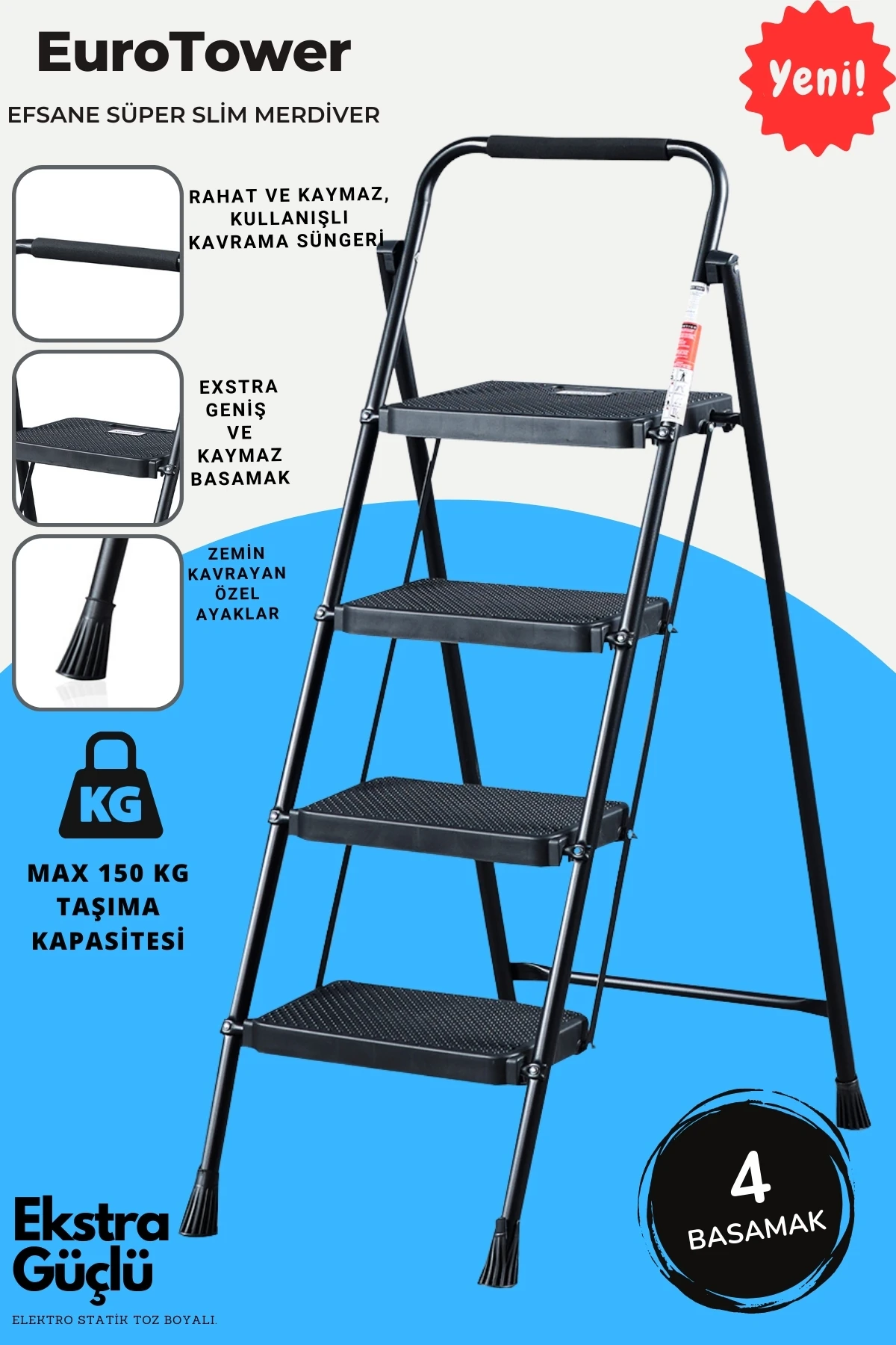 4 Basamak Siyah Merdiven Geniş Basamaklı , ET4