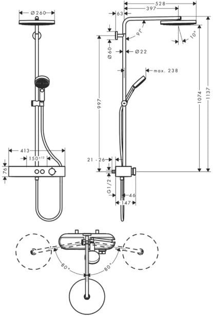 Hansgrohe Pulsify S Duş Kolonu 260 1jet, Ecosmart, Showertablet Select 400 ile - 24221000