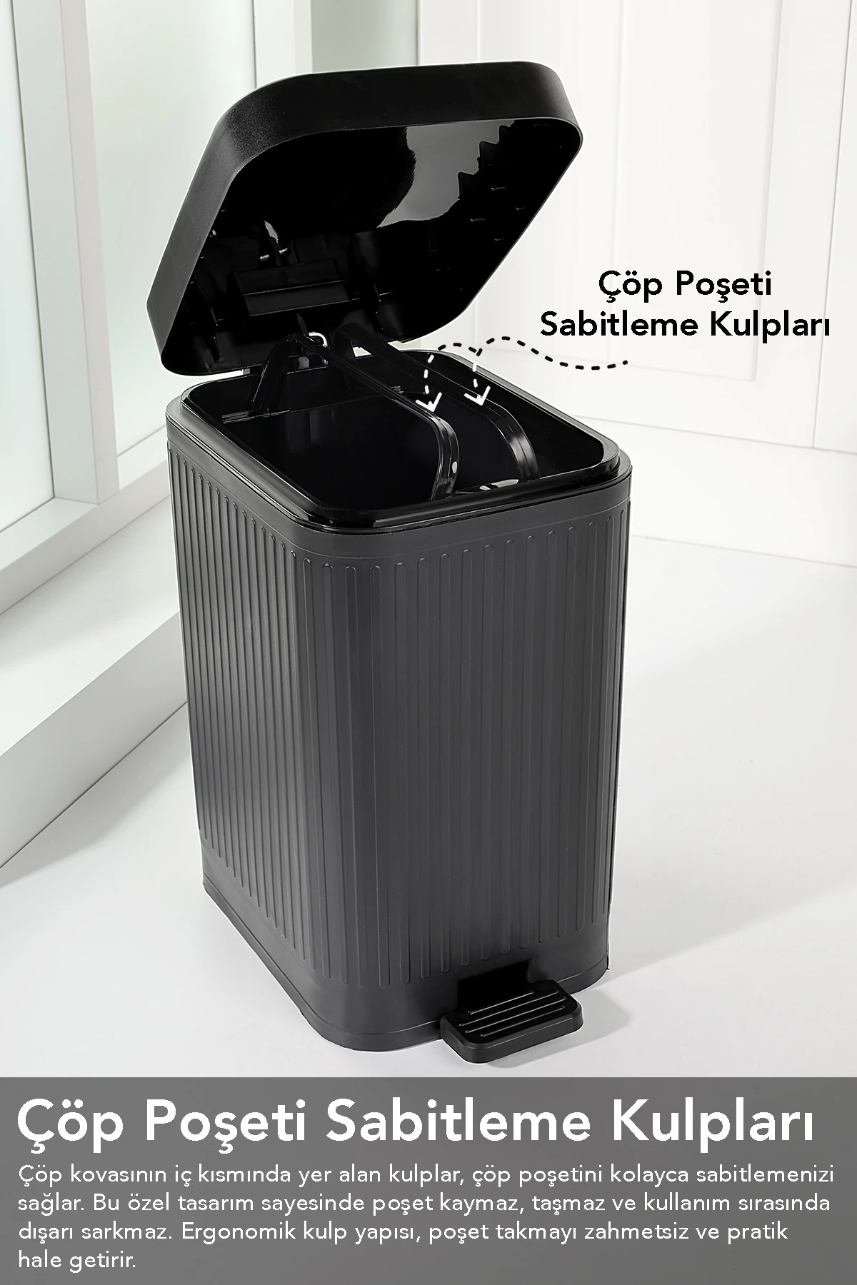 10 Lt Pedallı Sessiz Çöp Kovası - Yavaş Kapanır Amortisörlü Kapak Banyo Mutfak Çöp Kovası Siyah