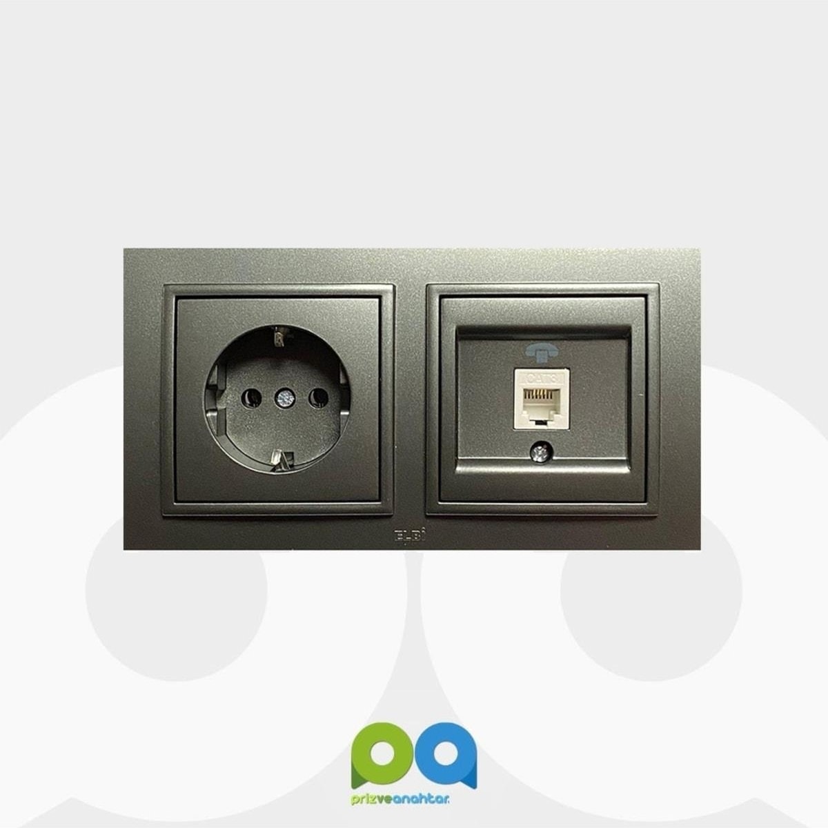 Zena Ikili Takım Topraklı Priz Telefon ( Numeris ) Prizi Ikili Çerçeve Füme