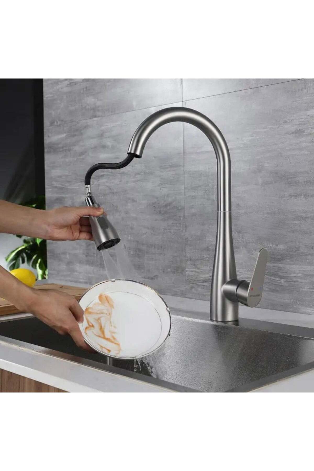 Spiralli Eviye Bataryası Pull Down 3 Fonksiyonlu Fırçalanmış Nikel KTE125-BR
