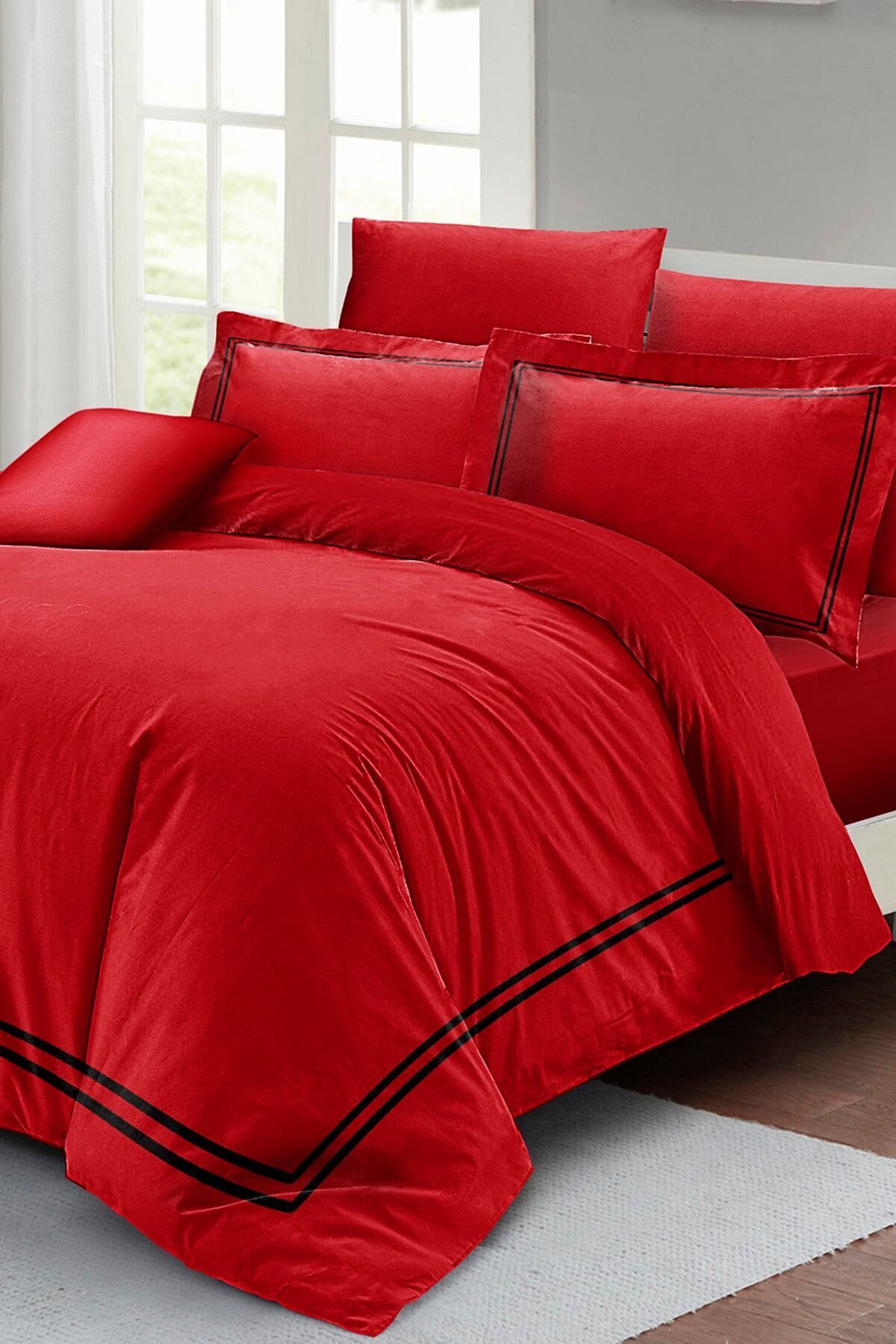 Kıng Sıze Çift Kişilik Nevresim Takımı Luxury Pamuk Saten Kırmızı 220x240cm