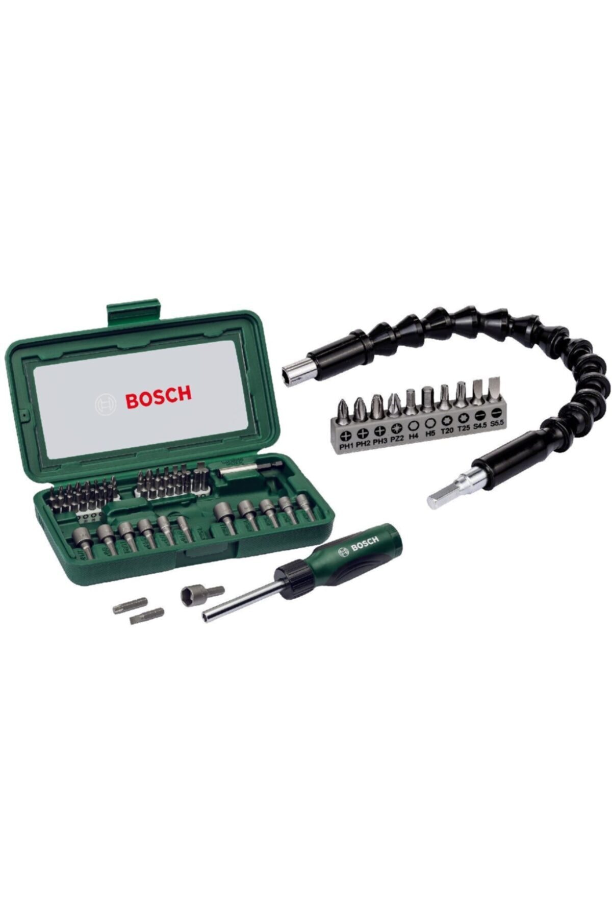 BOSCH 46 Parça Cırcır Tornavida Seti Vidalama Seti Lokma Seti + Esnek Bükülebilir Uzatma 30cm