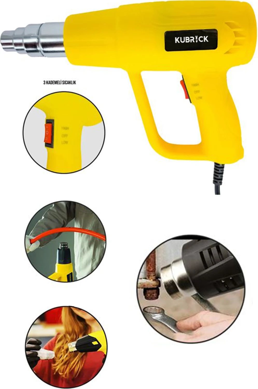 Darbeye Dayanıklı Bakır Sargılı Rezistans 2 Kademeli Sıcak Hava Tabancası Isı Makina-Sarı