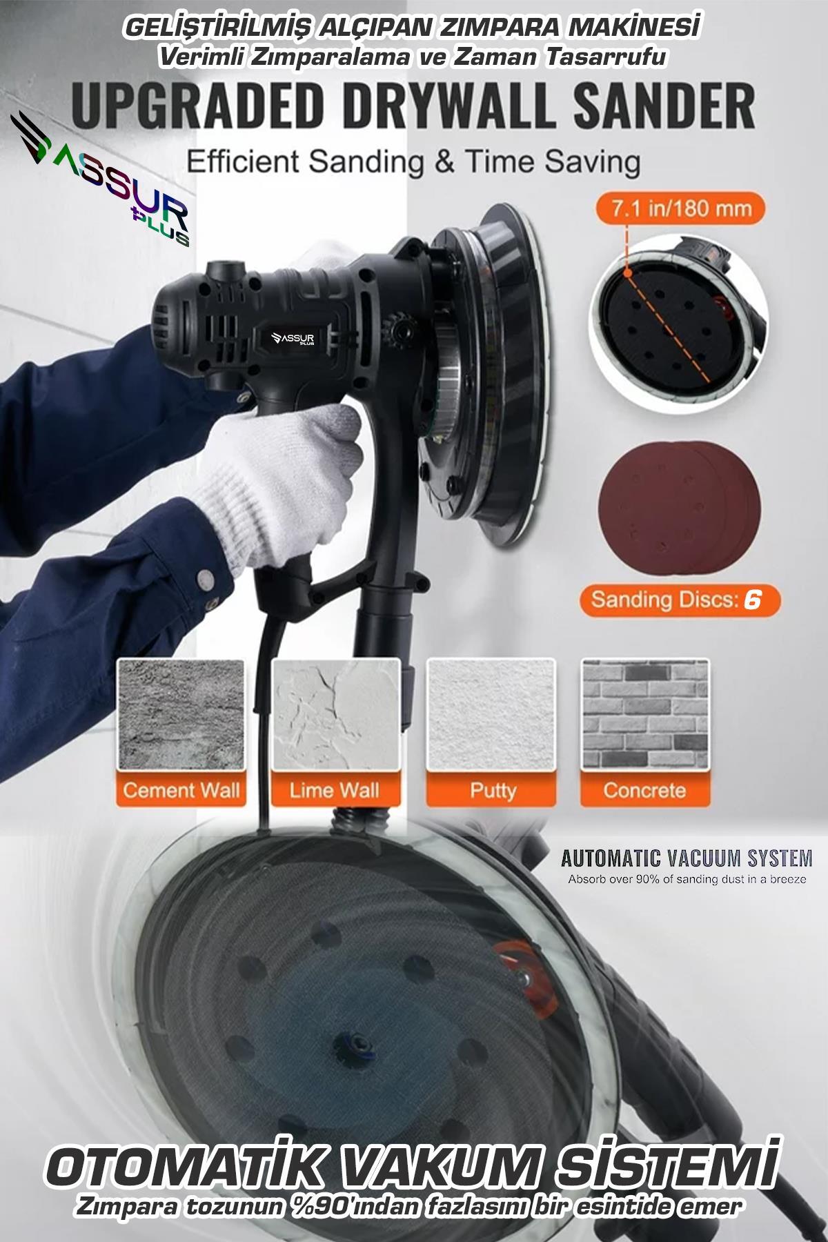 360 ledli 850w Pro Alçıpan Zımpara Makinası Toz Emmeli