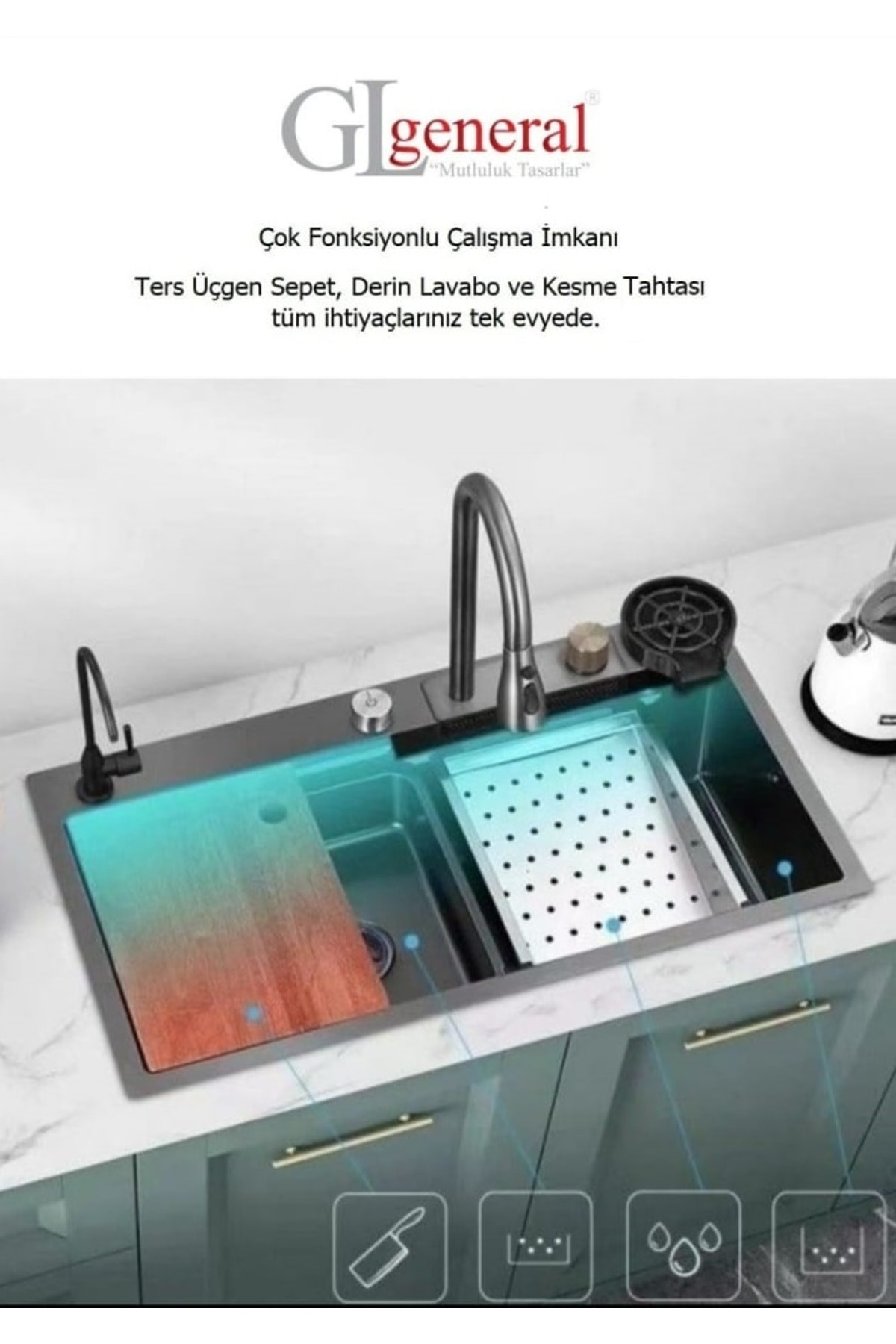 75x46 cm GLPR 7546GUN Maxi Antrasit Akıllı Şelale Eviye, Akıllı Mutfak Lavabosu