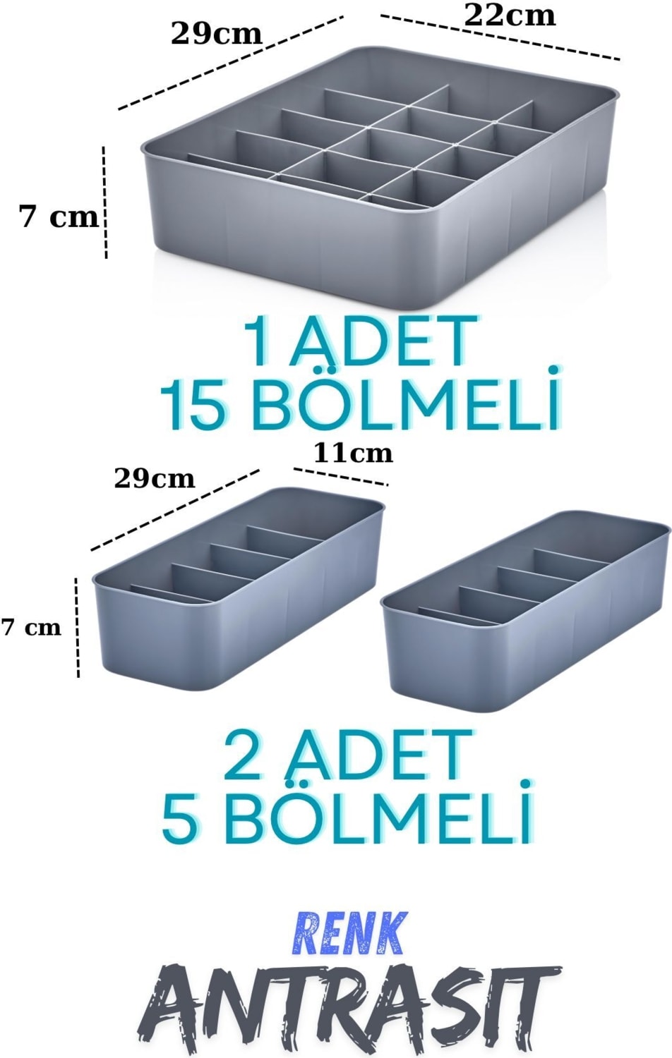 ORGASET 3'lü Düzenleyici Antrasit, mutfak, banyo, ofis, yatak odası, makyaj masası organizer set