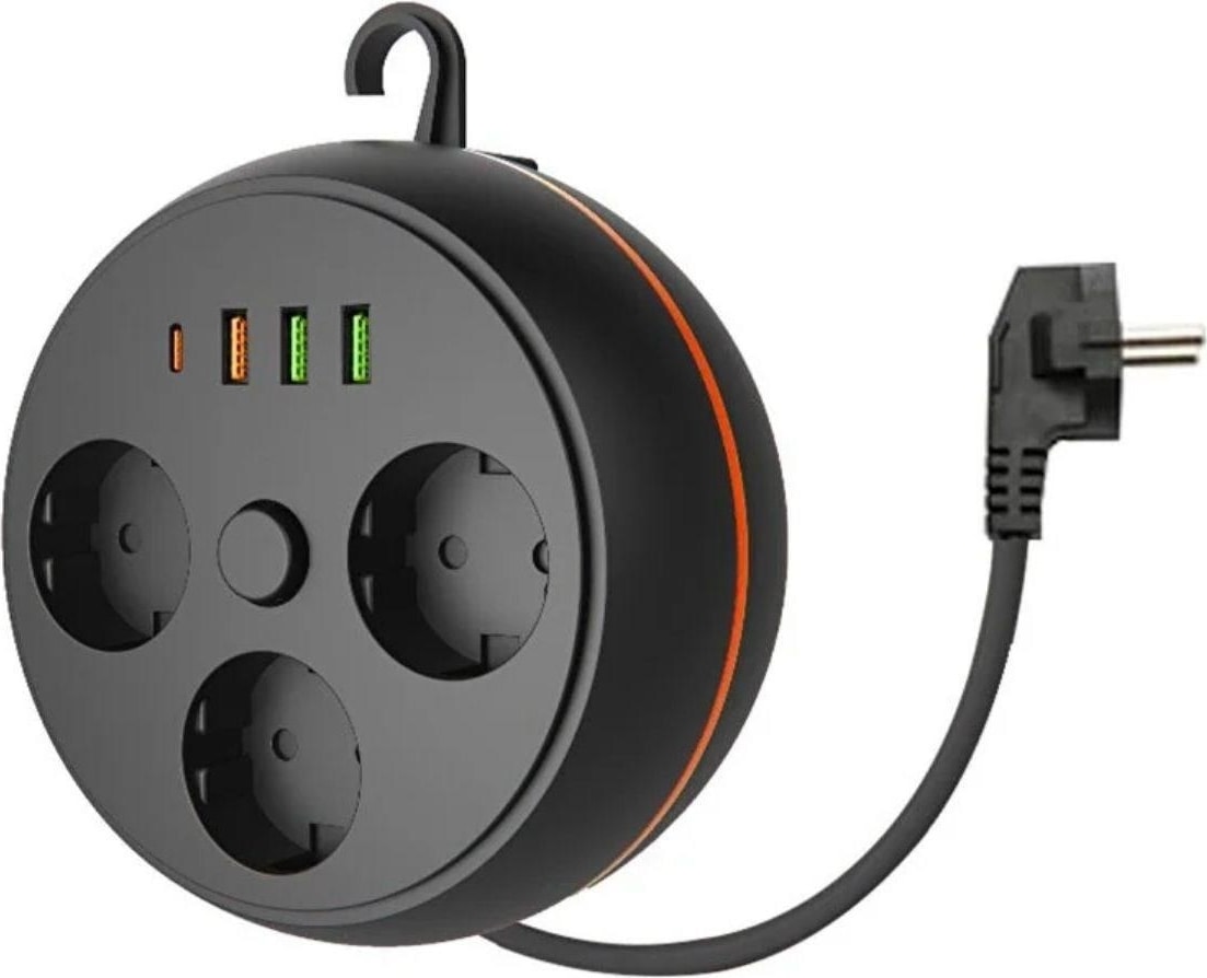 3 Adet Soket,3 Adet USB ve 1 Adet Type-C Girişli Termal Akım Korumalı Makaralı Priz 3395