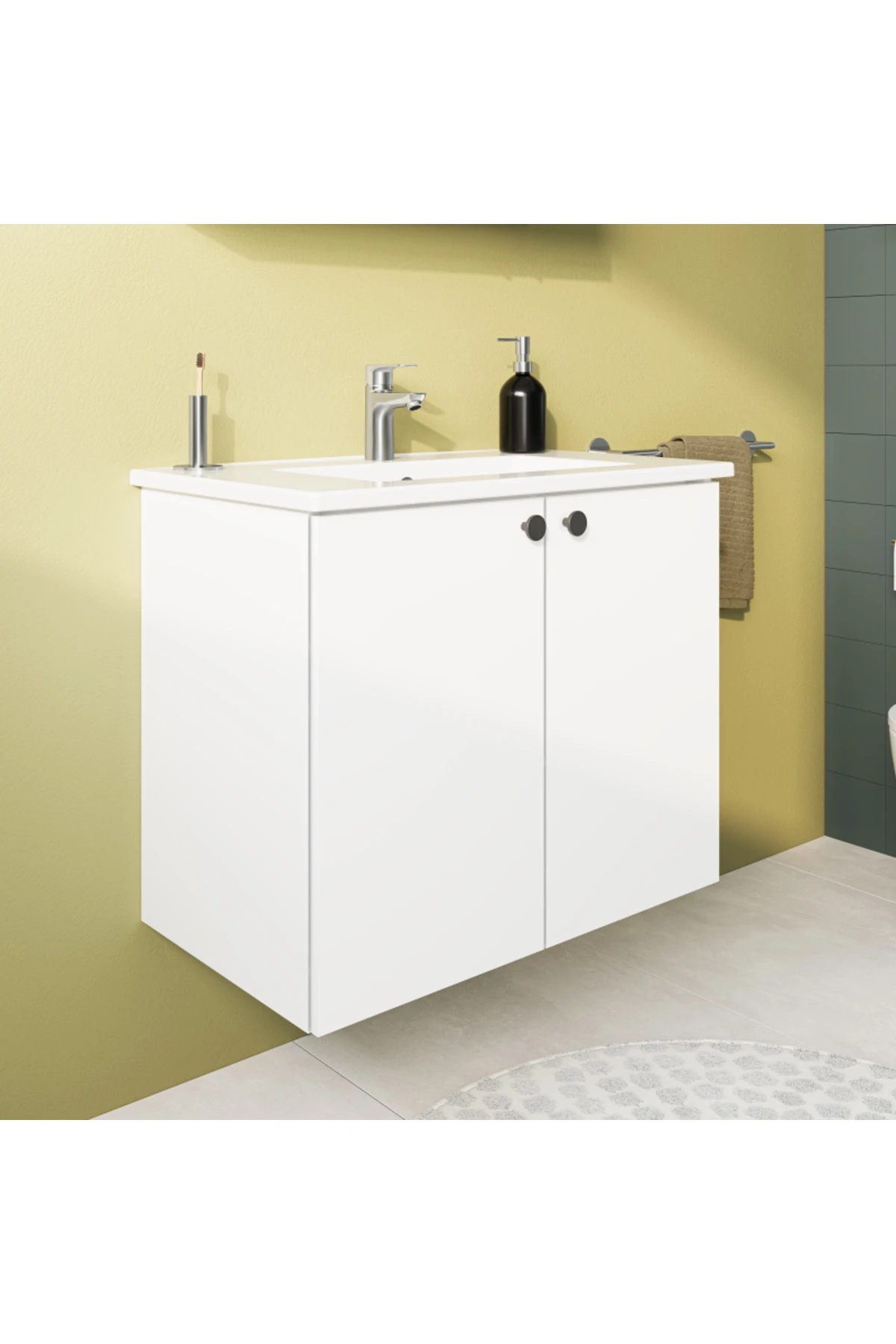 Shift T20 Banyo Dolabı Seti 80 cm – Lavabo, Dolaplı Ayna ve Batarya Dahil – Parlak Beyaz