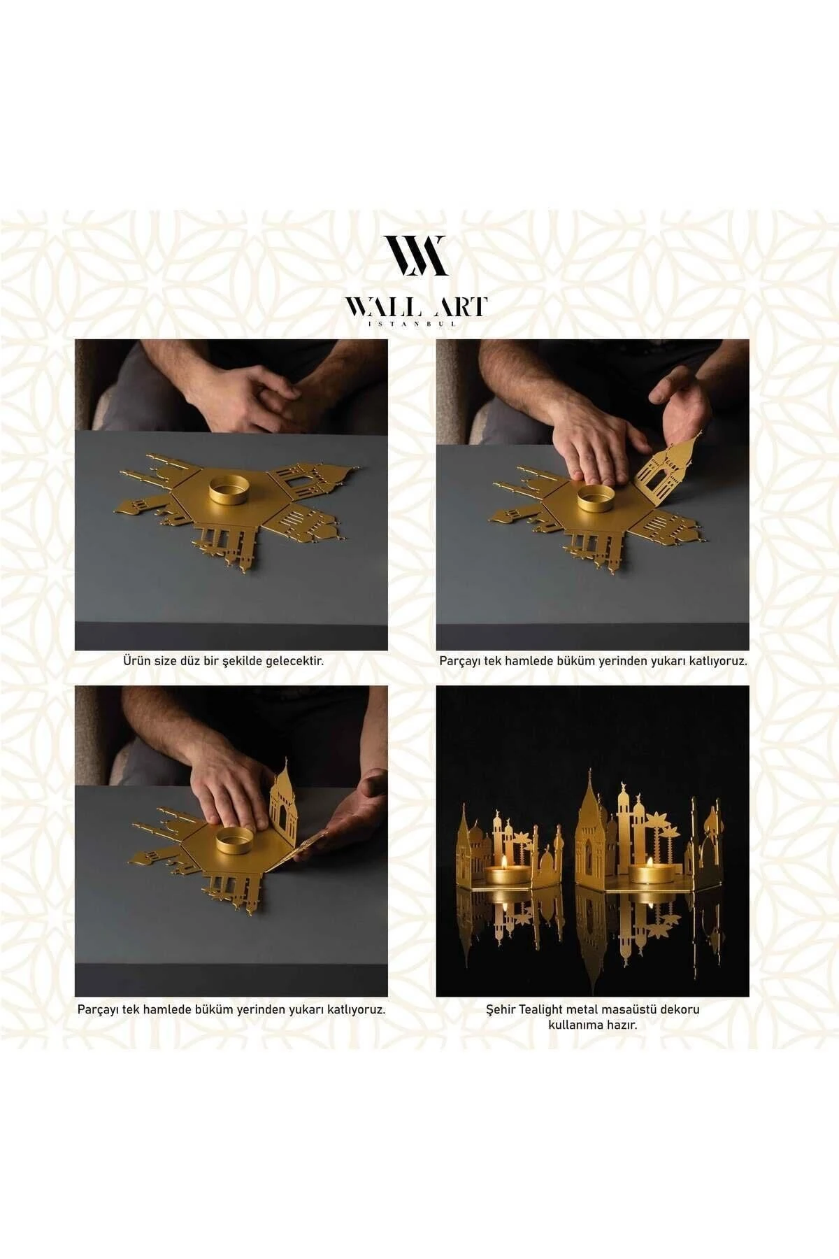 Cami Desenli Metal 2'li Masaüstü Mumluk Seti - Gold Dekoratif Mumluklar - Ramazan Süsleri - Wamh128