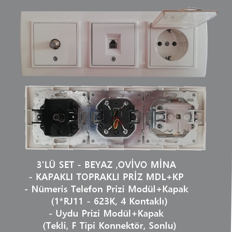 3'lü Set,priz,cat-3,uydu Prizi,beyaz