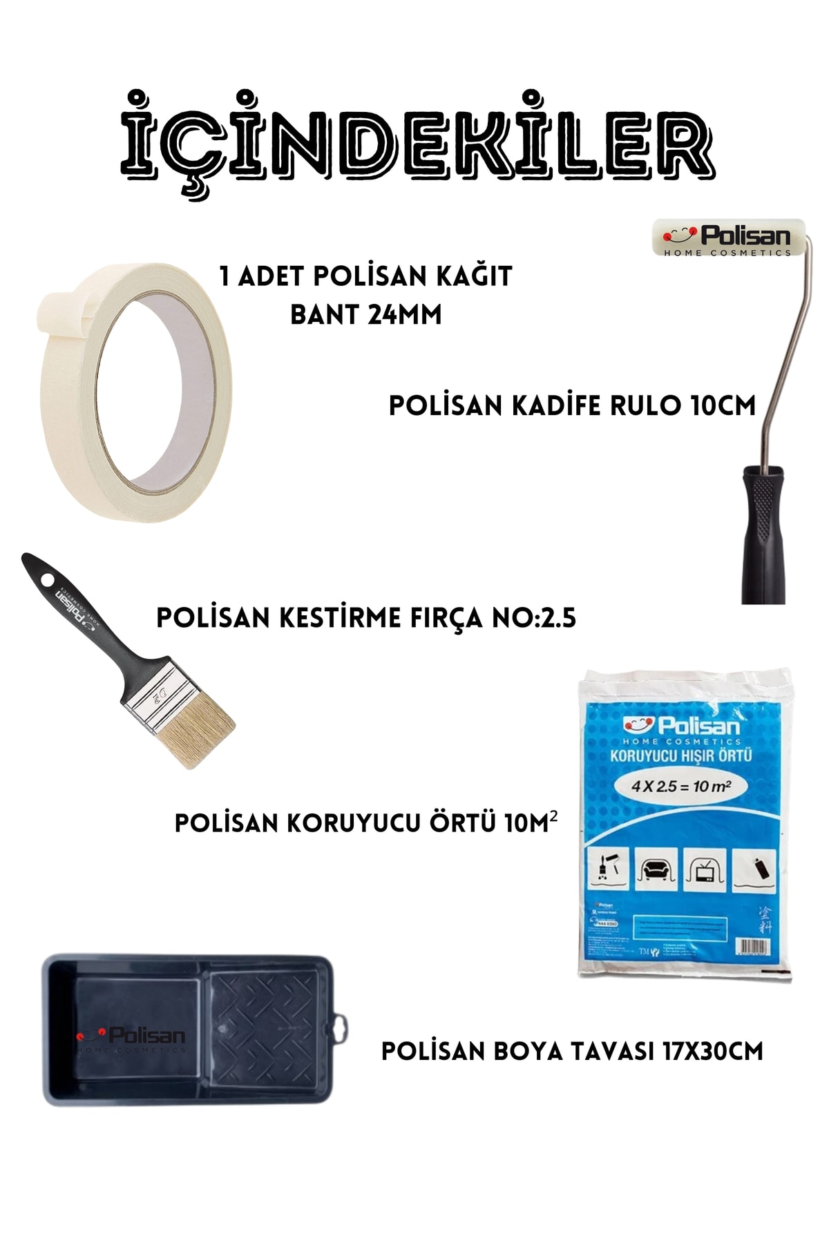 POLİSAN Pratik Boya Uygulama Seti- Boya Seti-Rulo-Bant-Örtü-Kestirme Fırça-Boya Kabı