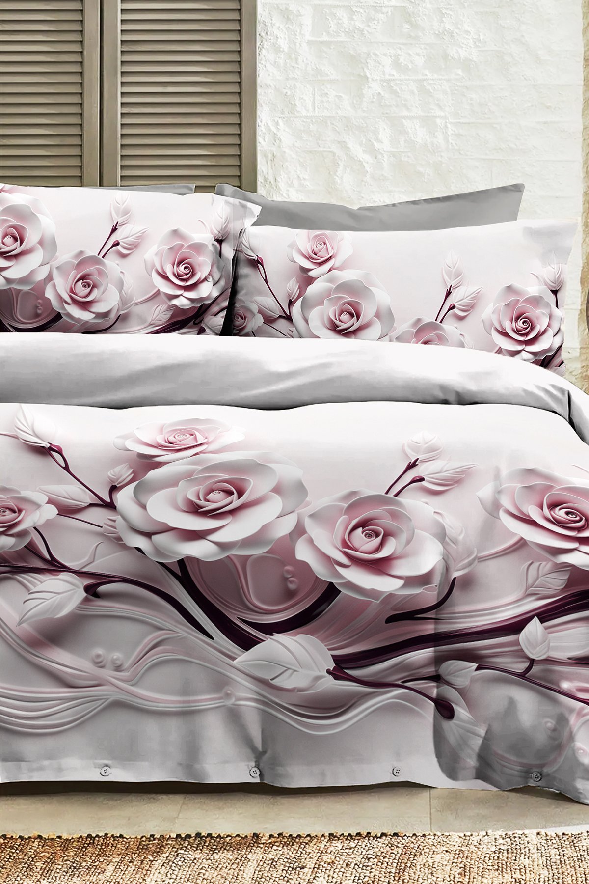%100 PAMUK Ranforce Çeyizlik Luxury 5D Dijital Çift Kişilik Nevresim Takımı Rose