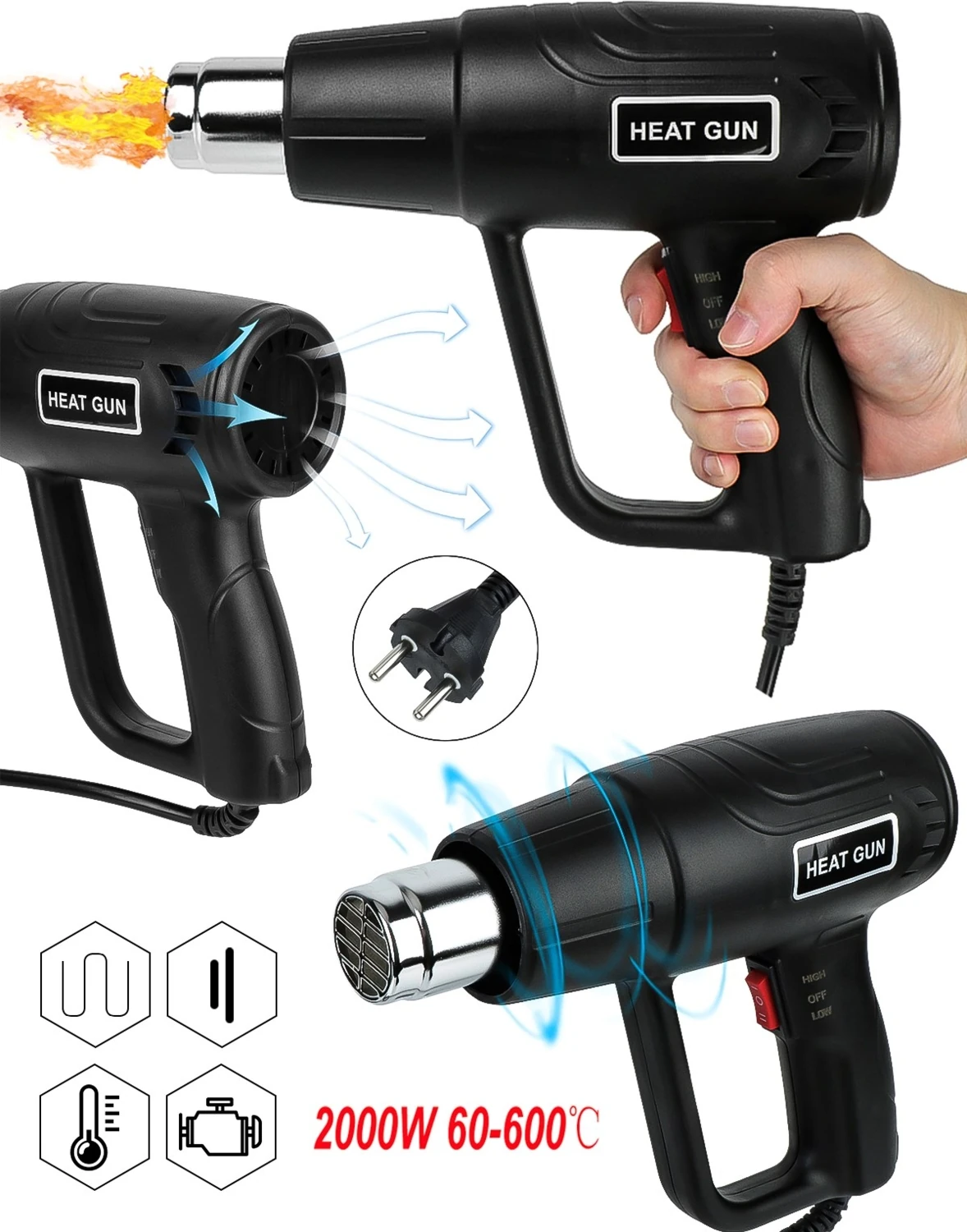 Sıcak Hava Tabancası 2000 Watt Çift Kademeli Termik Koruma Sıcak Hava Makinesi