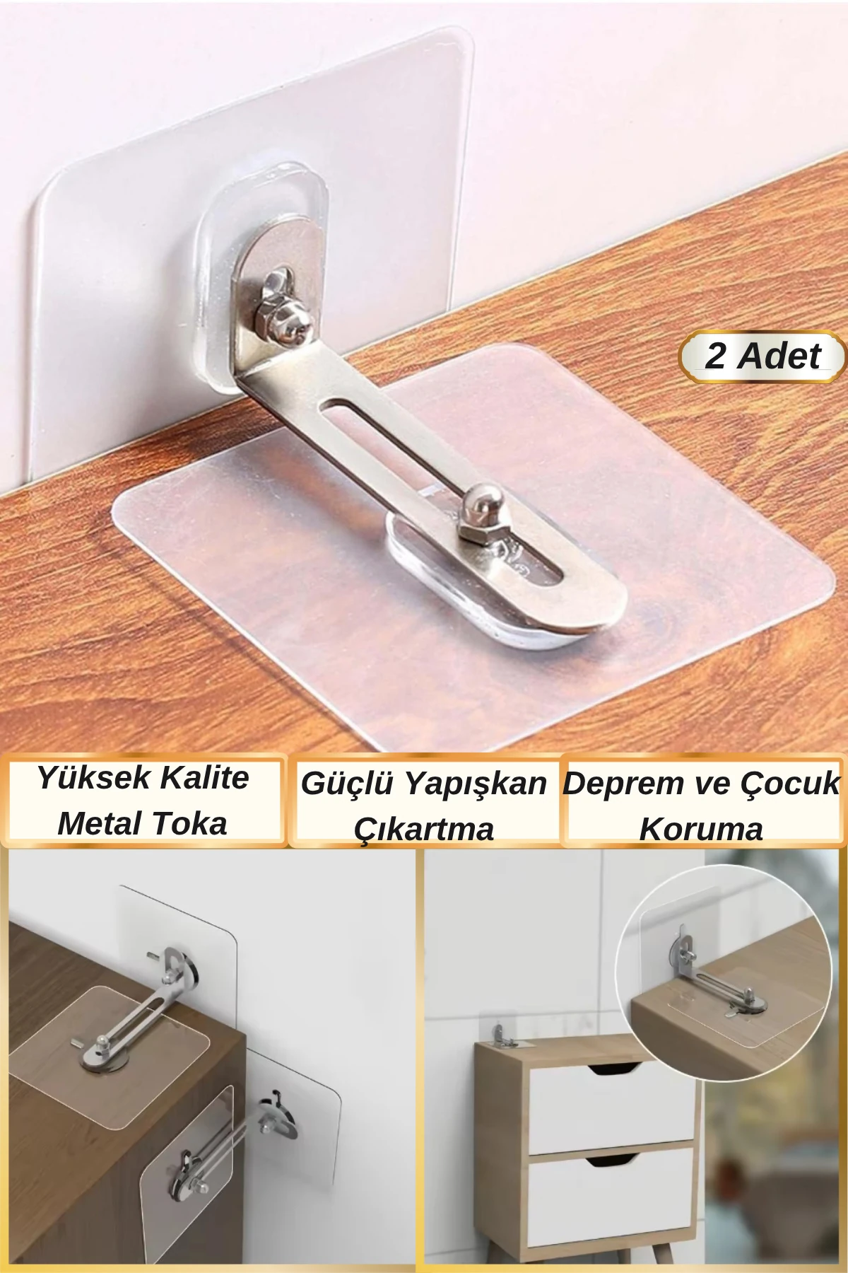 2 Adet Kendinden Güçlü Yapışkanlı Mobilya Duvara Sabitleme Aparatı | Deprem Çocuk Koruma Aparatı