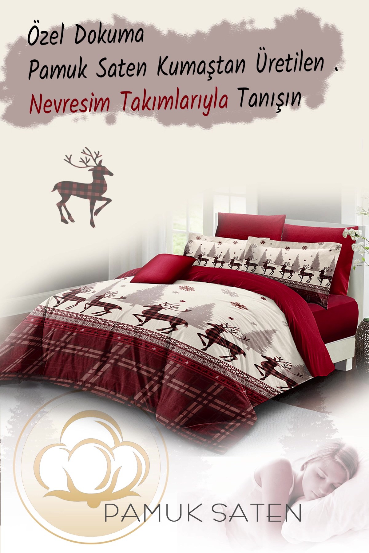 Yılbaşı Çift Kişilik Nevresim ( Lastikli Çarşaflı ) %100 Pamuk Saten Christmas Decorations