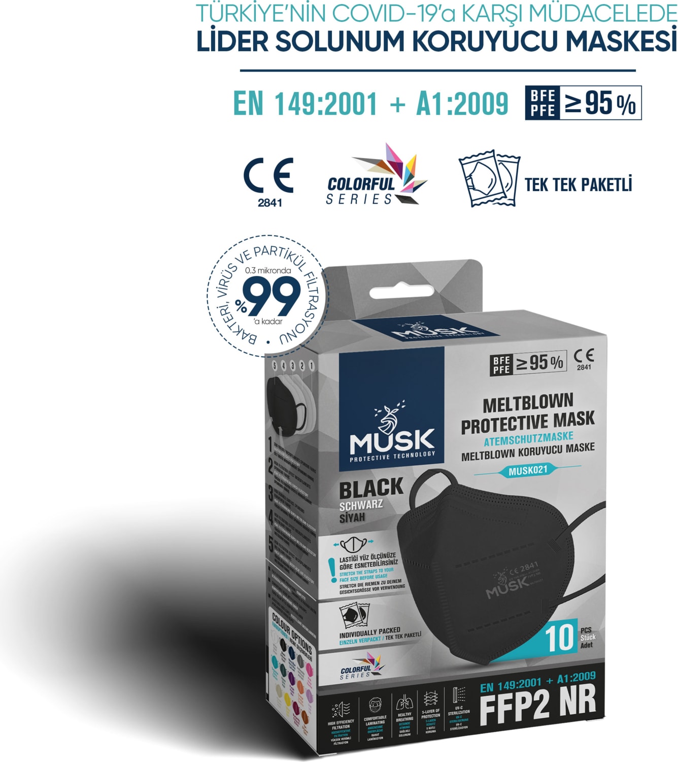 FFP2/N95 Maske Siyah Renk 60 Adet