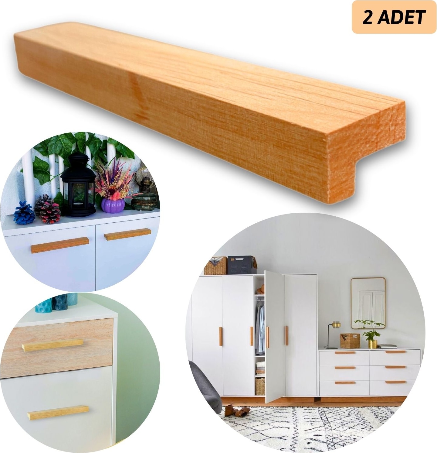 2 Adet Modern Tasarım Çekmece Dolap Kulpu, Masif Ahşap Kulp, Mobilya Mutfak Dolabı Kulpları