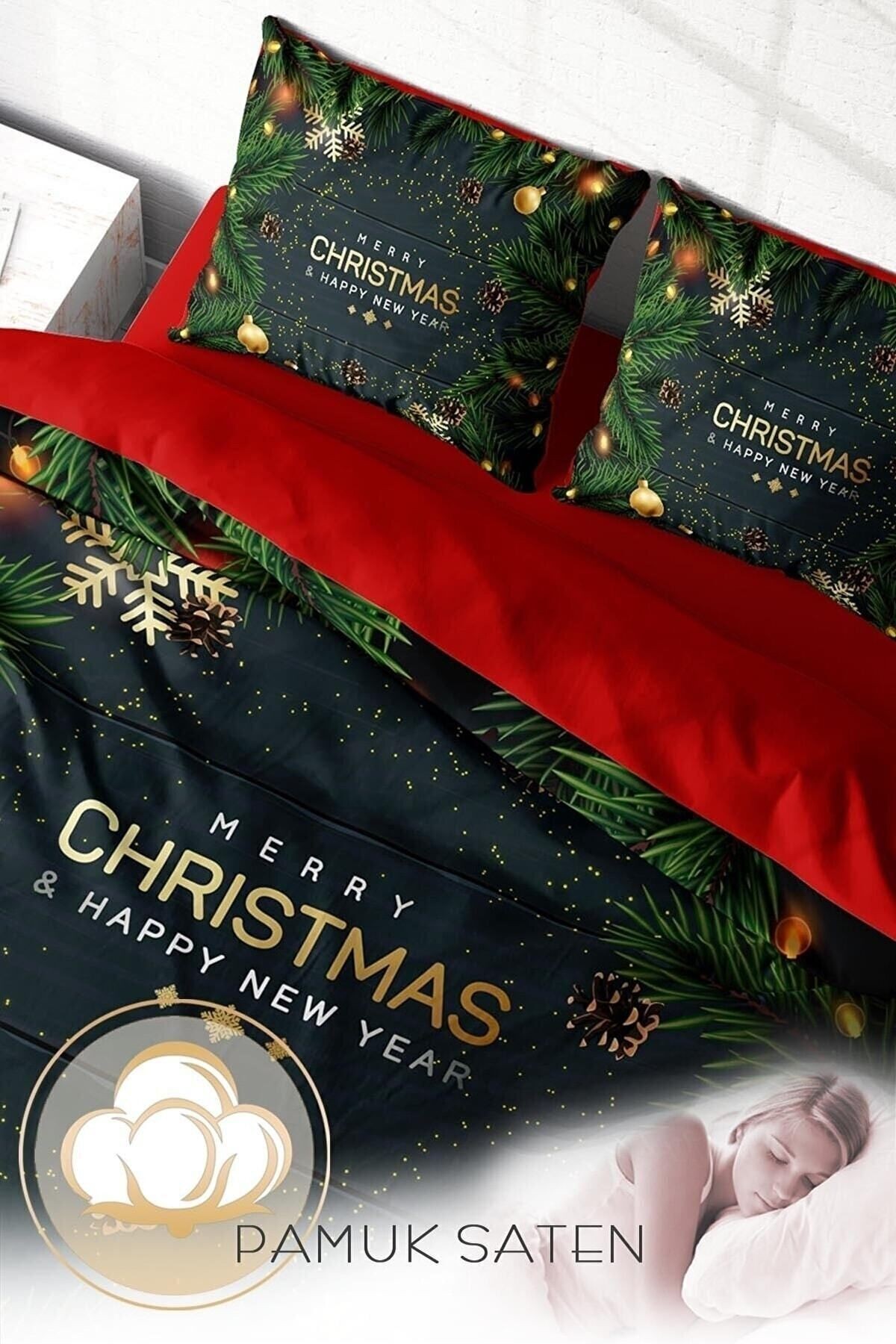 Yılbaşı Nevresim Takımı (Lastikli Çarşaflı) Çift Kişilik %100 Pamuk Saten Blue Noel