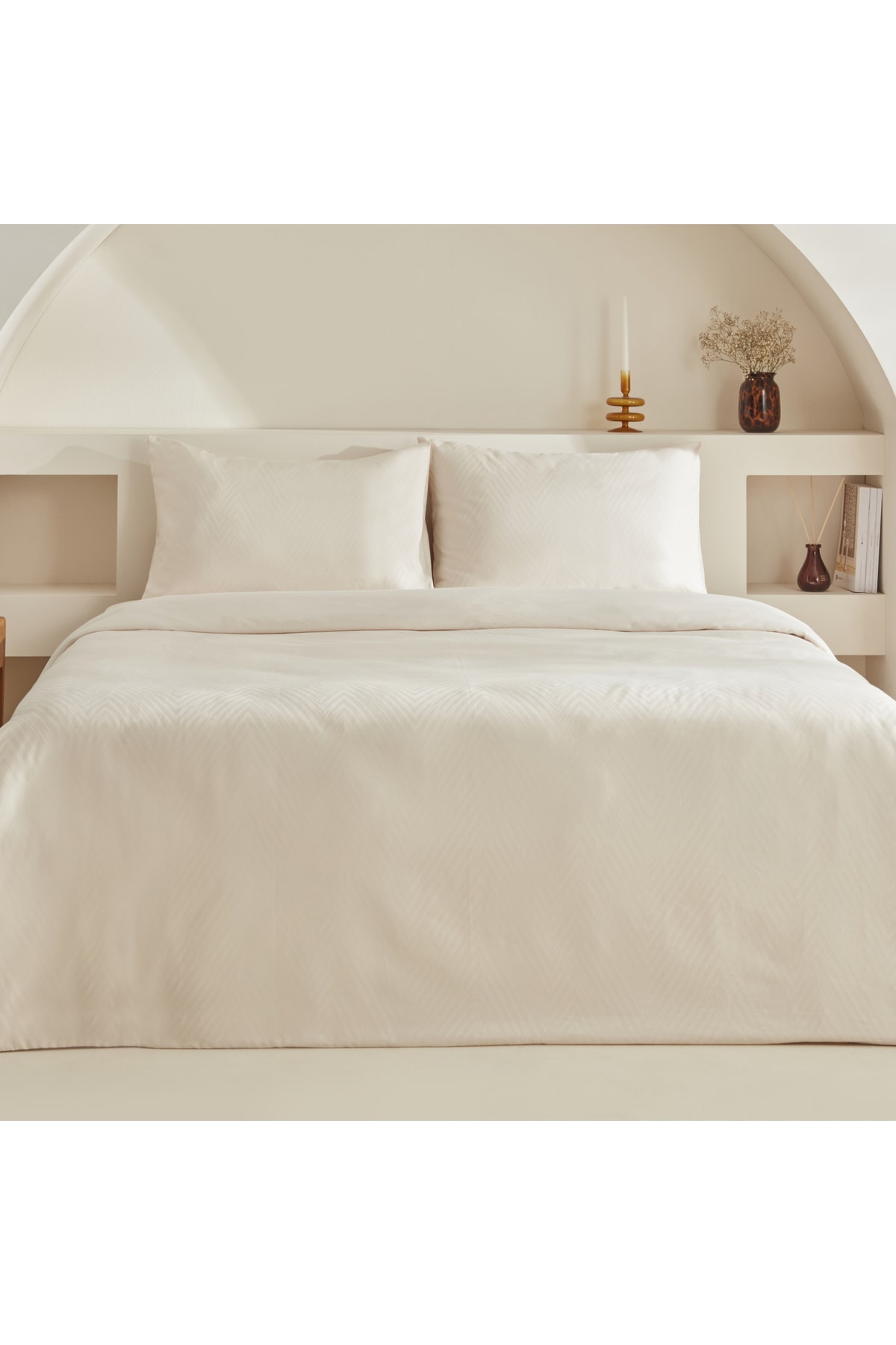 Sion %100 Pamuk Jakarlı Saten King Size Nevresim Takımı Ekru