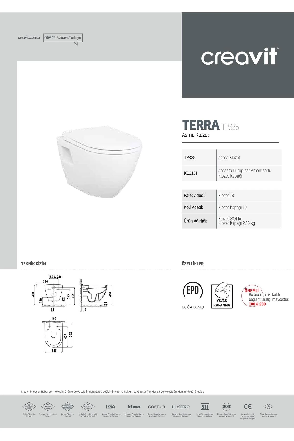 TP325 TERRA ASMA KLOZET+ ULTİMA DUROPLAST HİDROLİK YAVAŞ KAPANIR KAPAKLI