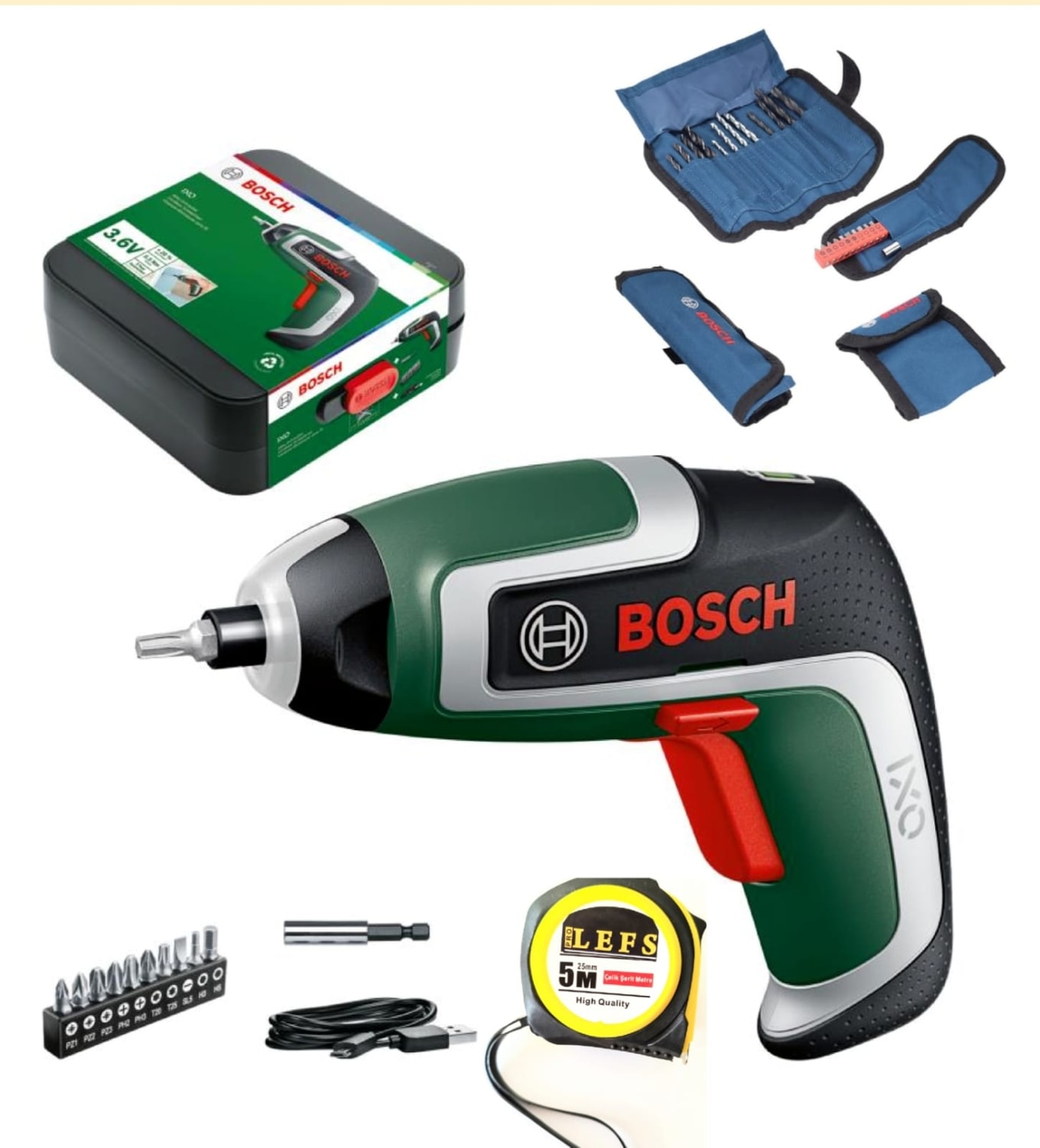 Ixo 7 Akülü Mini Vidalama 3.6 V Şarjlı Tornavida ,bosch 23 Parça Delme-Vidalama Seti ve Metre