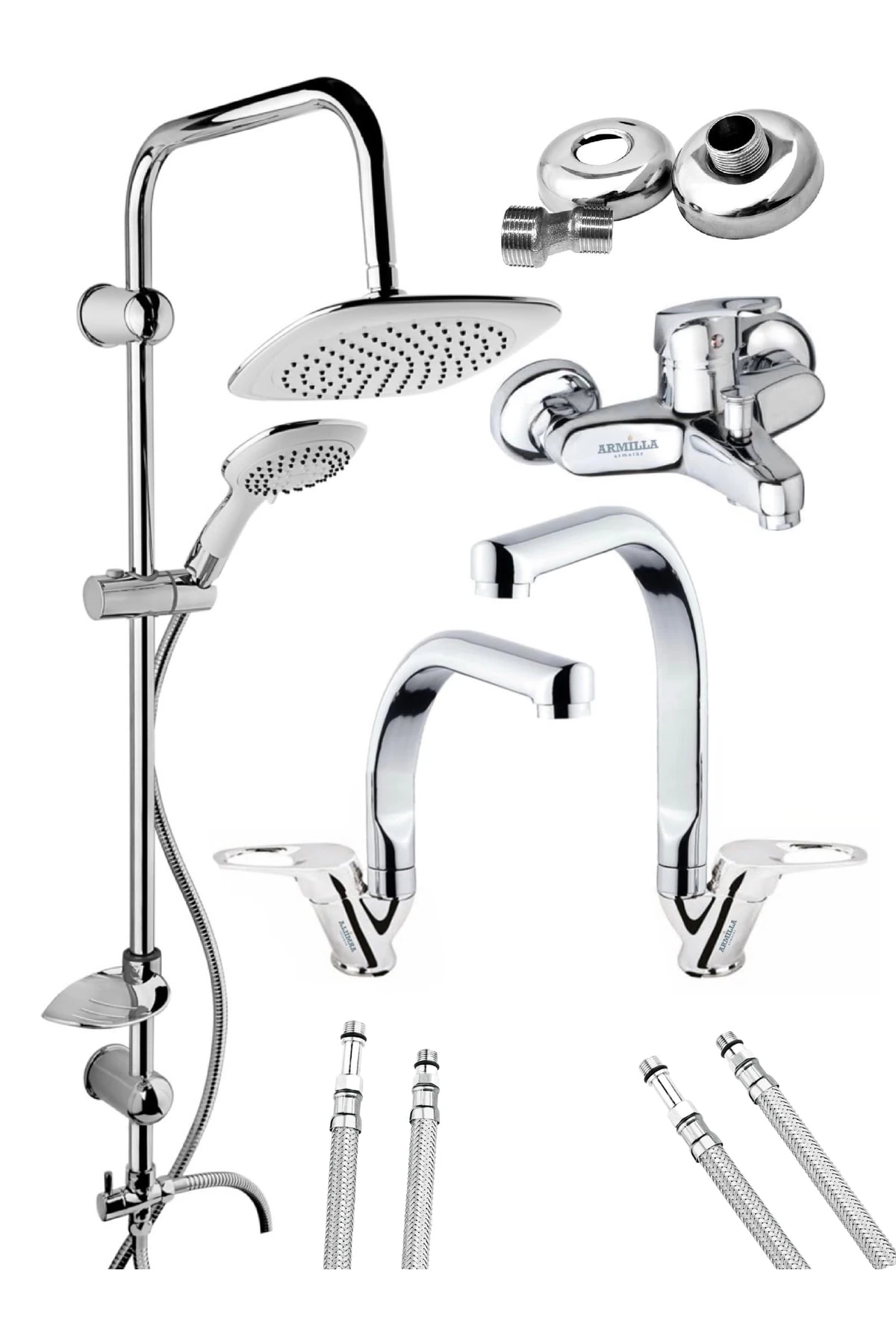 Balık Sırtı Borulu 4’lü Set Banyo Bataryası, Mutfak Bataryası, Lavabo Bataryası Ve Robot Duş Seti