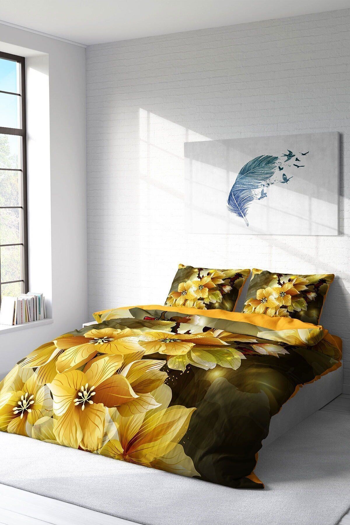 Lastikli Çarşaflı %100 Pamuk Saten Çift Kişilik Nevresim Takımı Yellow Flowers
