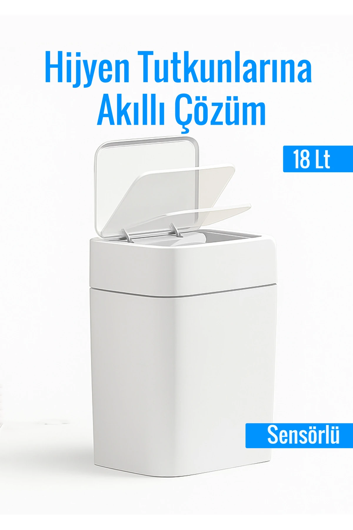 Sensörlü Çöp Kovası 18 Litre | Kızılötesi Sensörlü Otomatik Kapak | Sessiz & Antibakteriyel |