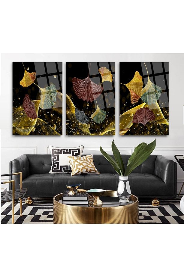 3 PARÇA TAKIM SET HALİNDE MODERN GOLD ÇİÇEK TEMALI KIRILMAZ CAM TABLO EV HEDİYESİ