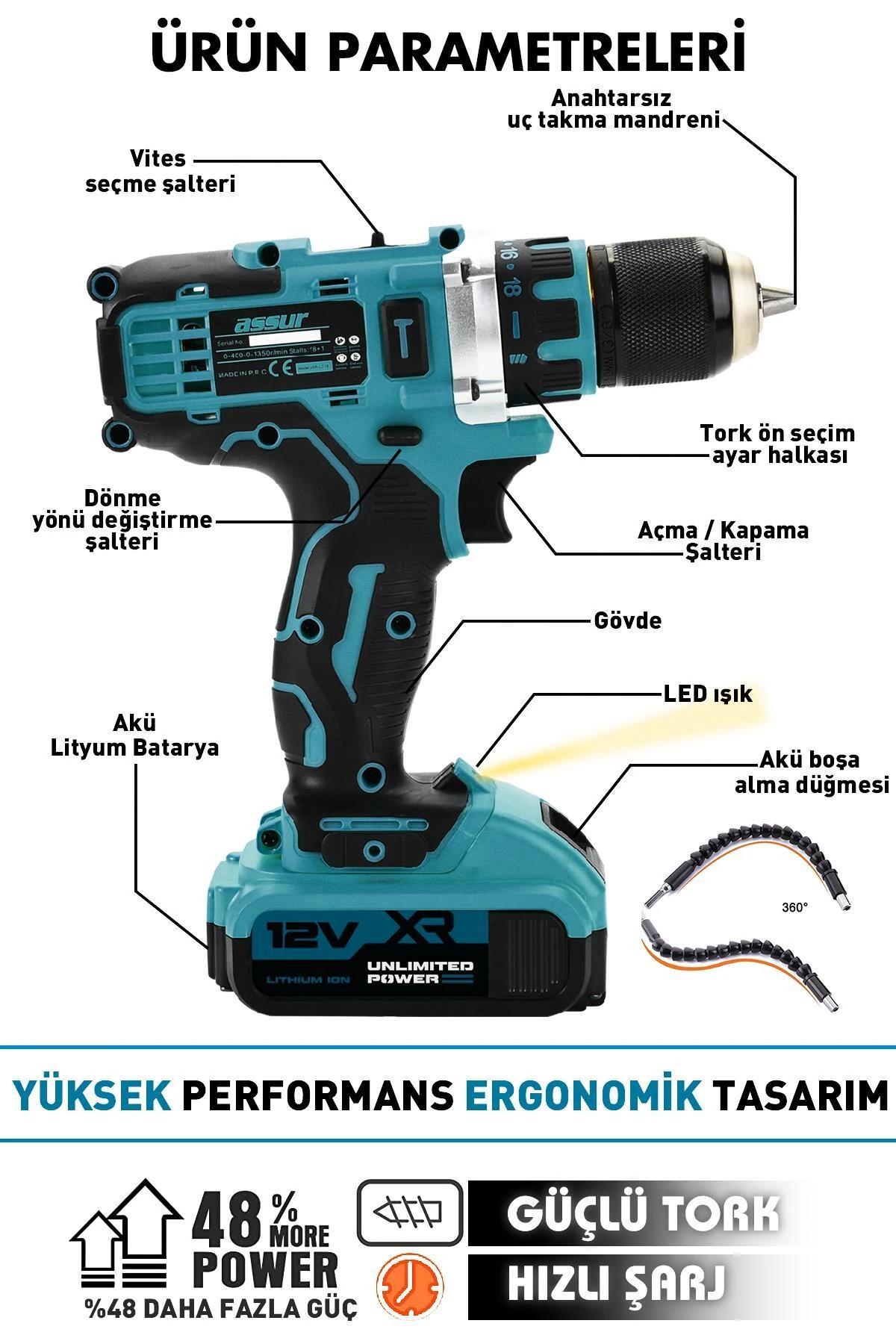 12v Çift Akülü Vidalama Metal Şanzıman Şarjlı Matkap