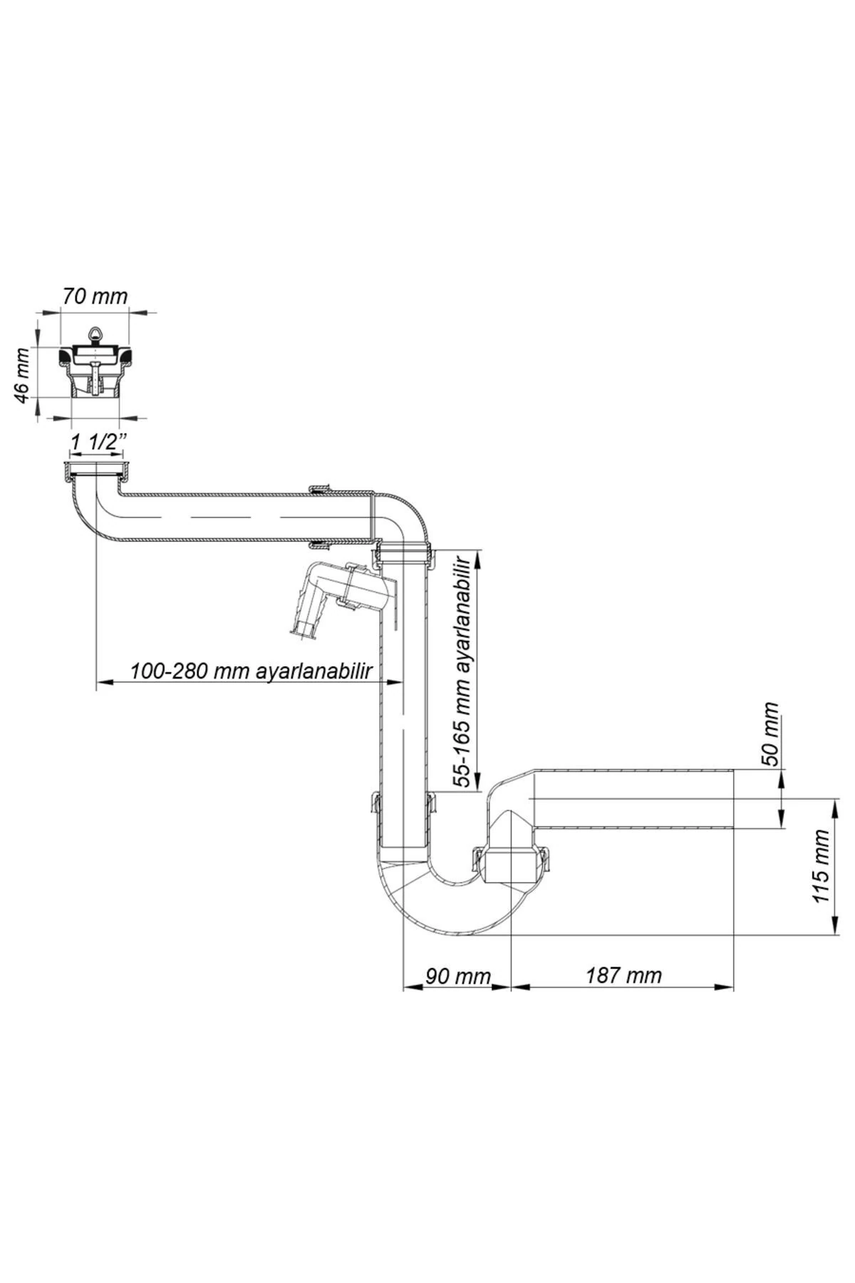 Yer kazandıran lavabo sifonu evye sifonu, delikli süzgeçli, 50lik çıkış, koku önleyici gider borulu