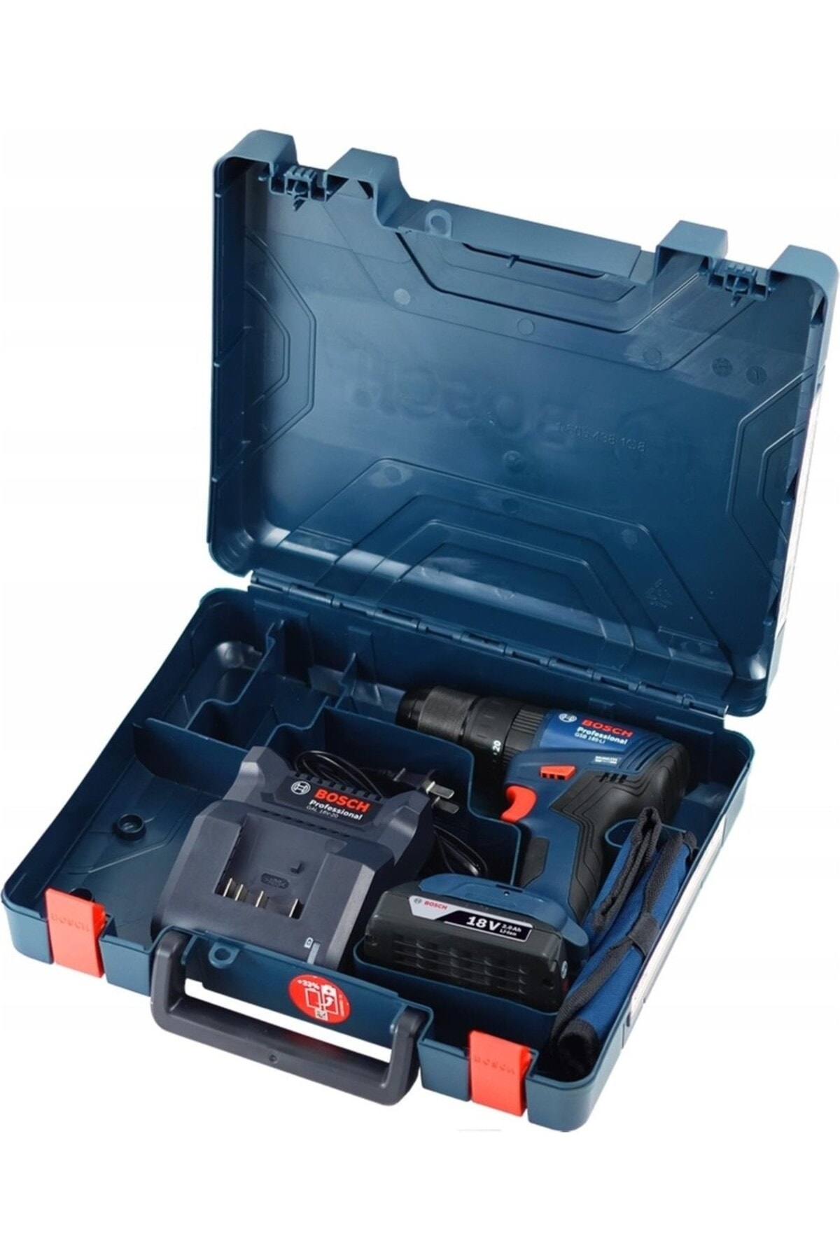 BOSCH Professional Gsb 185-li 2.0 Ah Tek Akülü Kömürsüz Motor Darbeli Matkap 23 Parça Aksesuar Set