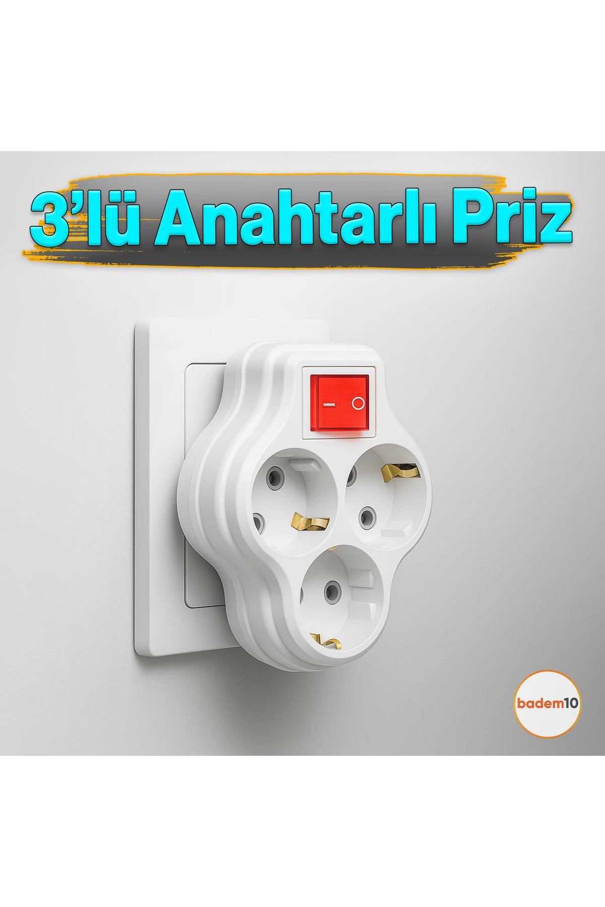 3'lü Beyaz Grup Priz Golyat Düğmeli Fiş Kablosuz Açma Kapamalı Anahtarlı Topraklı Çoklu Çoğaltıcı