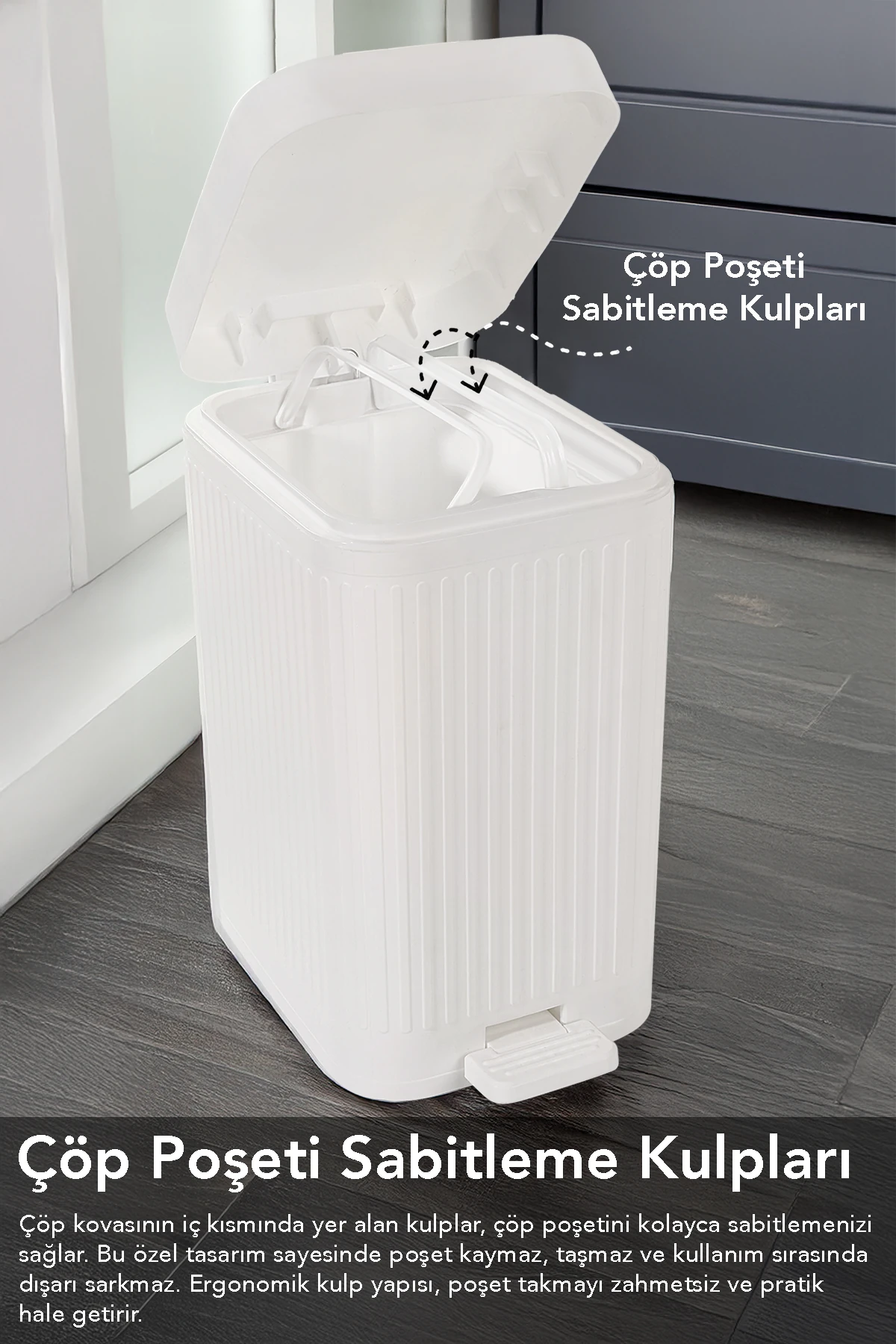 10 Lt Pedallı Sessiz Çöp Kovası - Yavaş Kapanır Amortisörlü Kapak Banyo Mutfak Çöp Kovası Beyaz