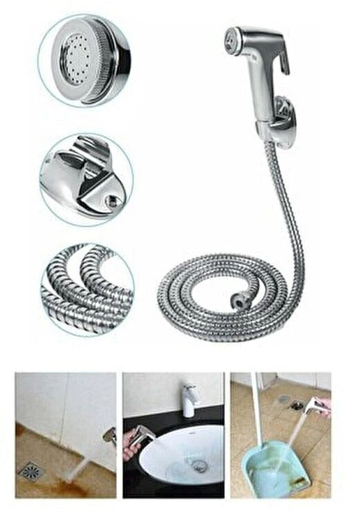 Kromlu Şettaf Temizlik Seti Basmalı Şettaf Başlığı Ve Hortumu Taharet Temizlik Şettaf Seti