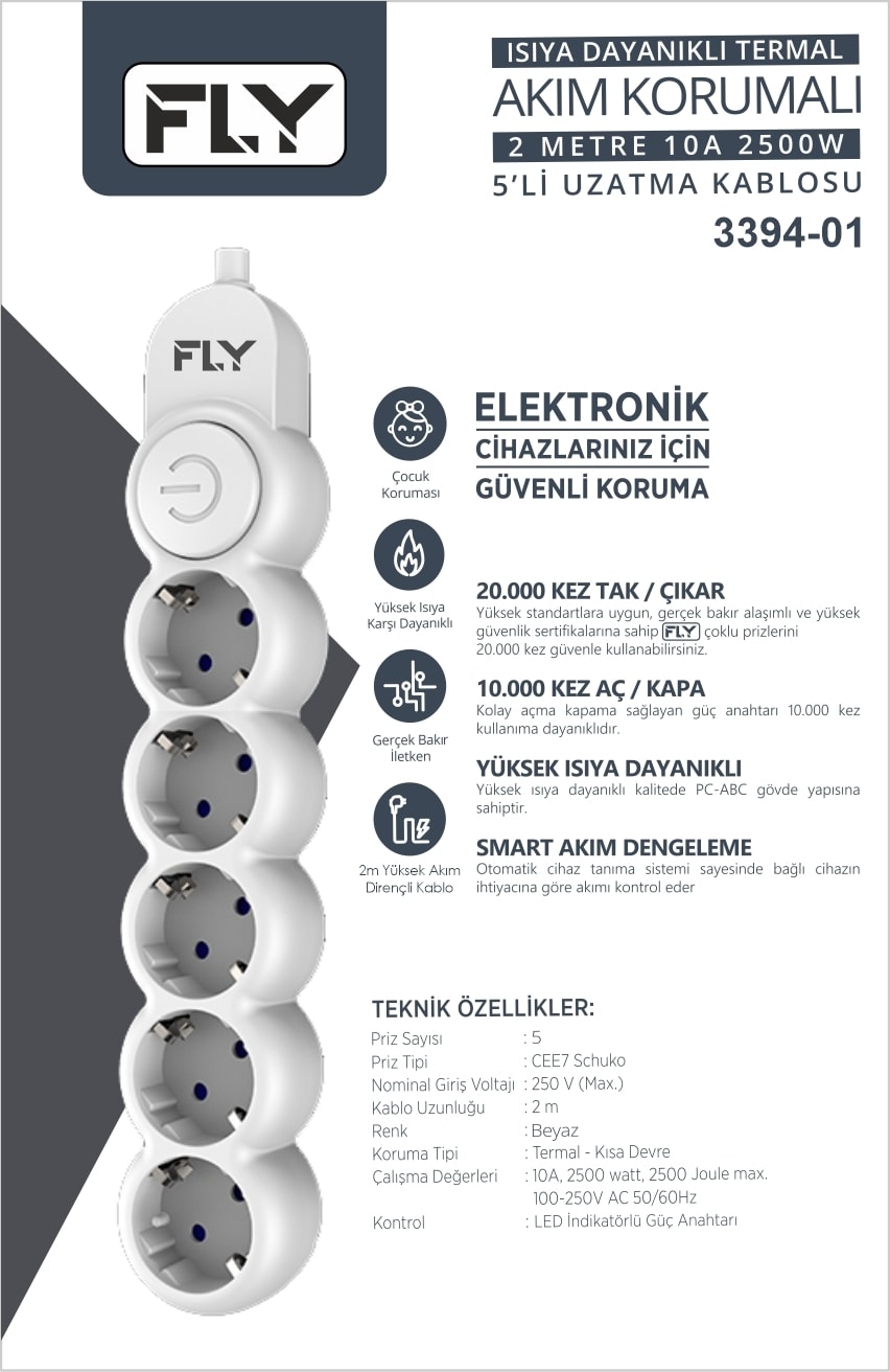3394-01 5li 2mt Anahtarlı Akım Korumalı Priz 2500w