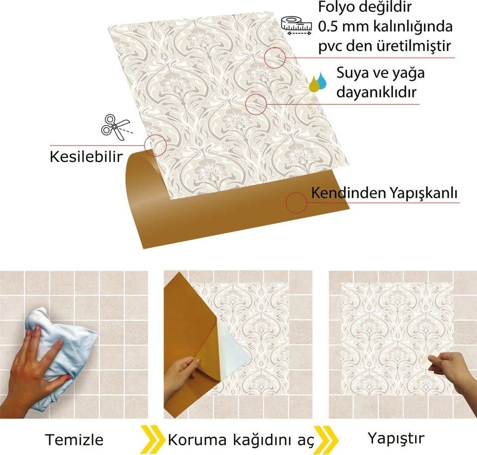 Kendinden Yapışkanlı Salon Çiçekli Desenli Pvc Karo 30X30 cm (33 Adet) 3m2