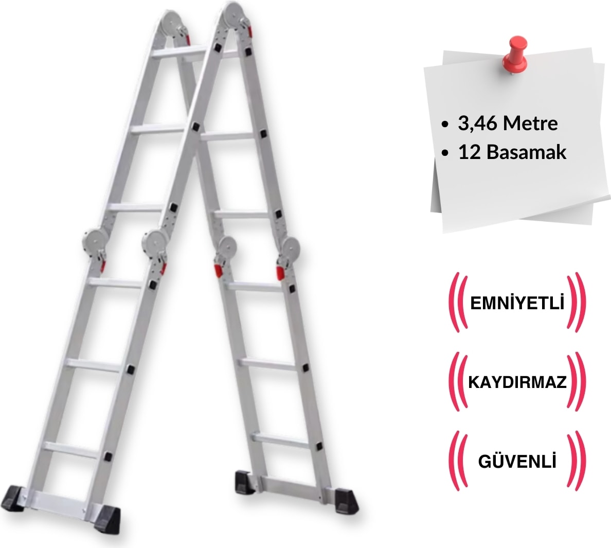 3,46 Metre - 12 Basamaklı Katlanır Akrobat Merdiven - Büyük menteşe - Kalın profil
